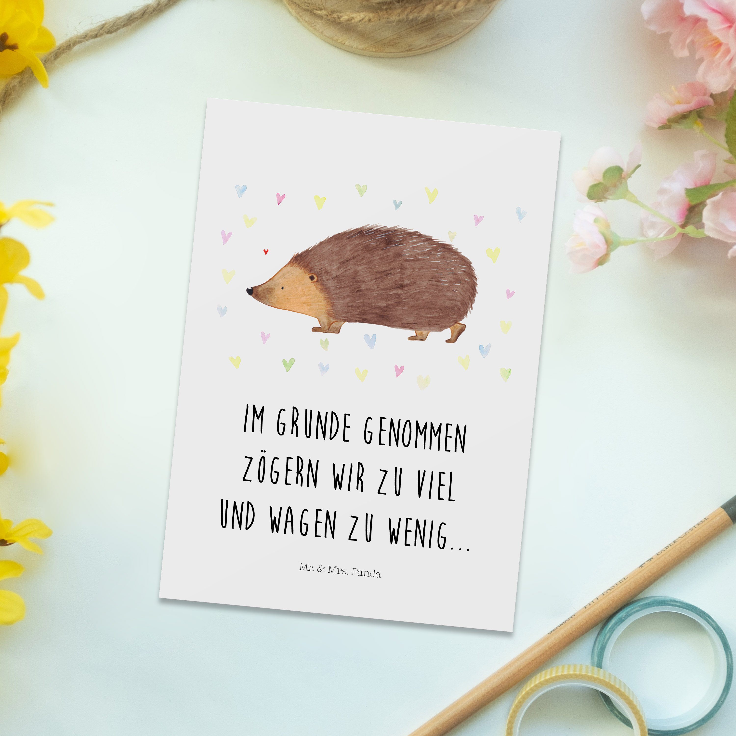 Mr. & Mrs. Laune, Panda Dankeska Geschenk, - Weiß - Herzen Geburtstagskarte, Postkarte Gute Igel
