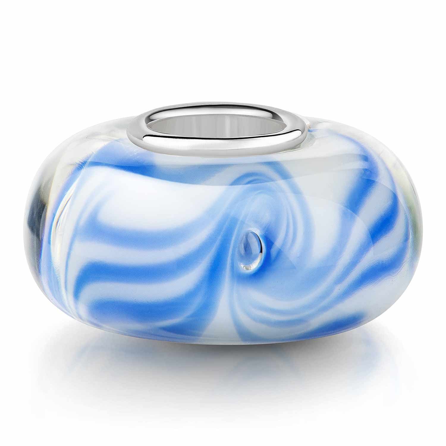 Materia Bead Glasbead mit blau-weißem Wellendesign 350, 925 Sterling Silber