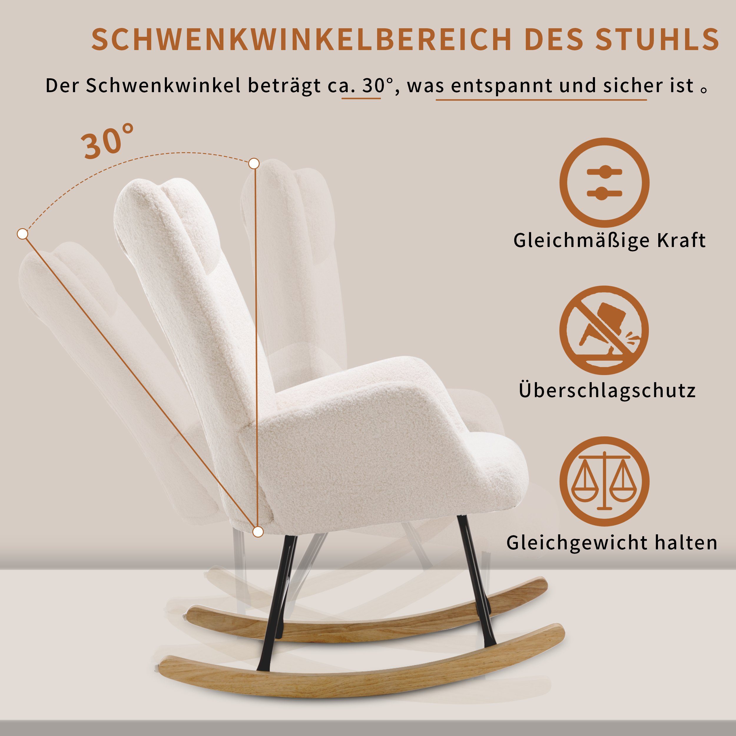 Merax Schaukelstuhl mit Teddyplüsch, Swingsessel mit Holzsockel, Schaukelsessel mit Hocker,Kopfstütze