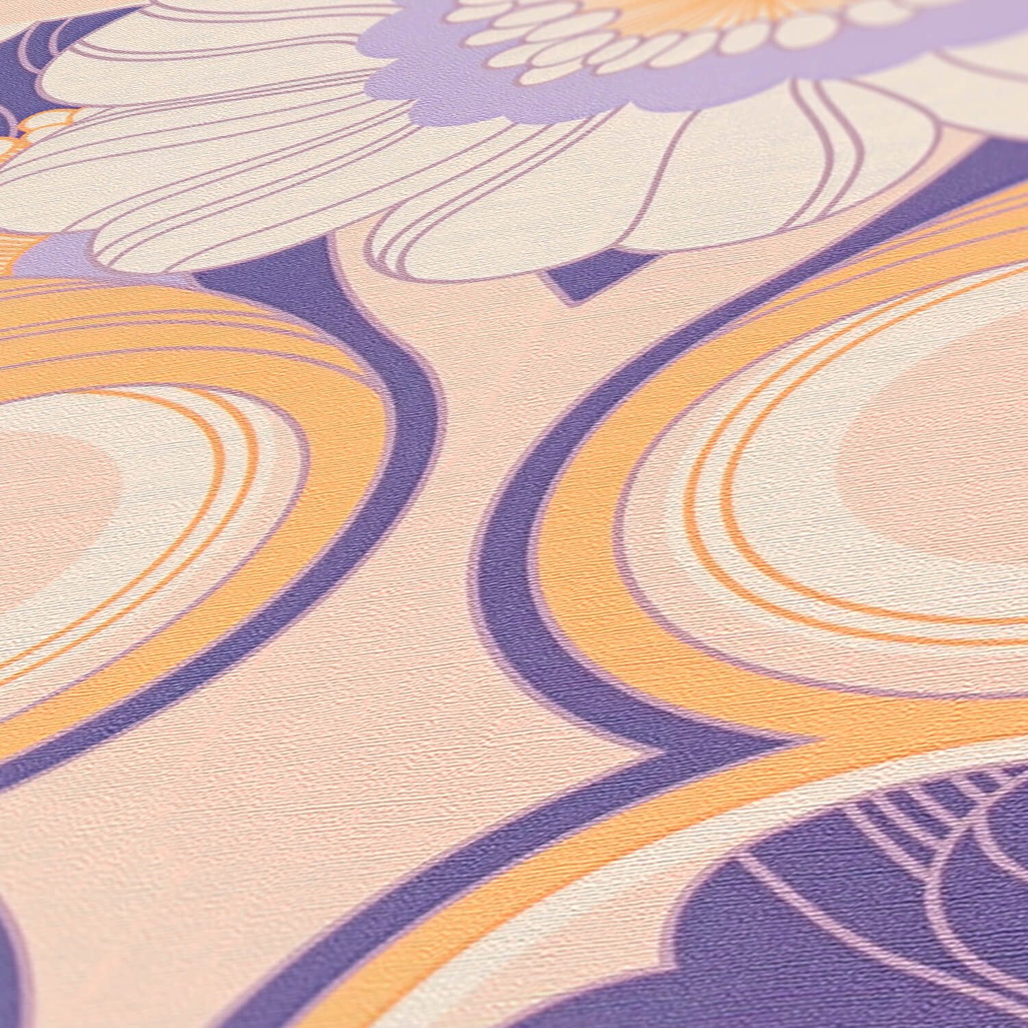 Profhome Vliestapete 395303-GU Retro Tapete Blumen matt violett beige creme-weiß, geprägt, (1 Rolle, 4,51 qm), heißgeprägte Vliestapete, flieder