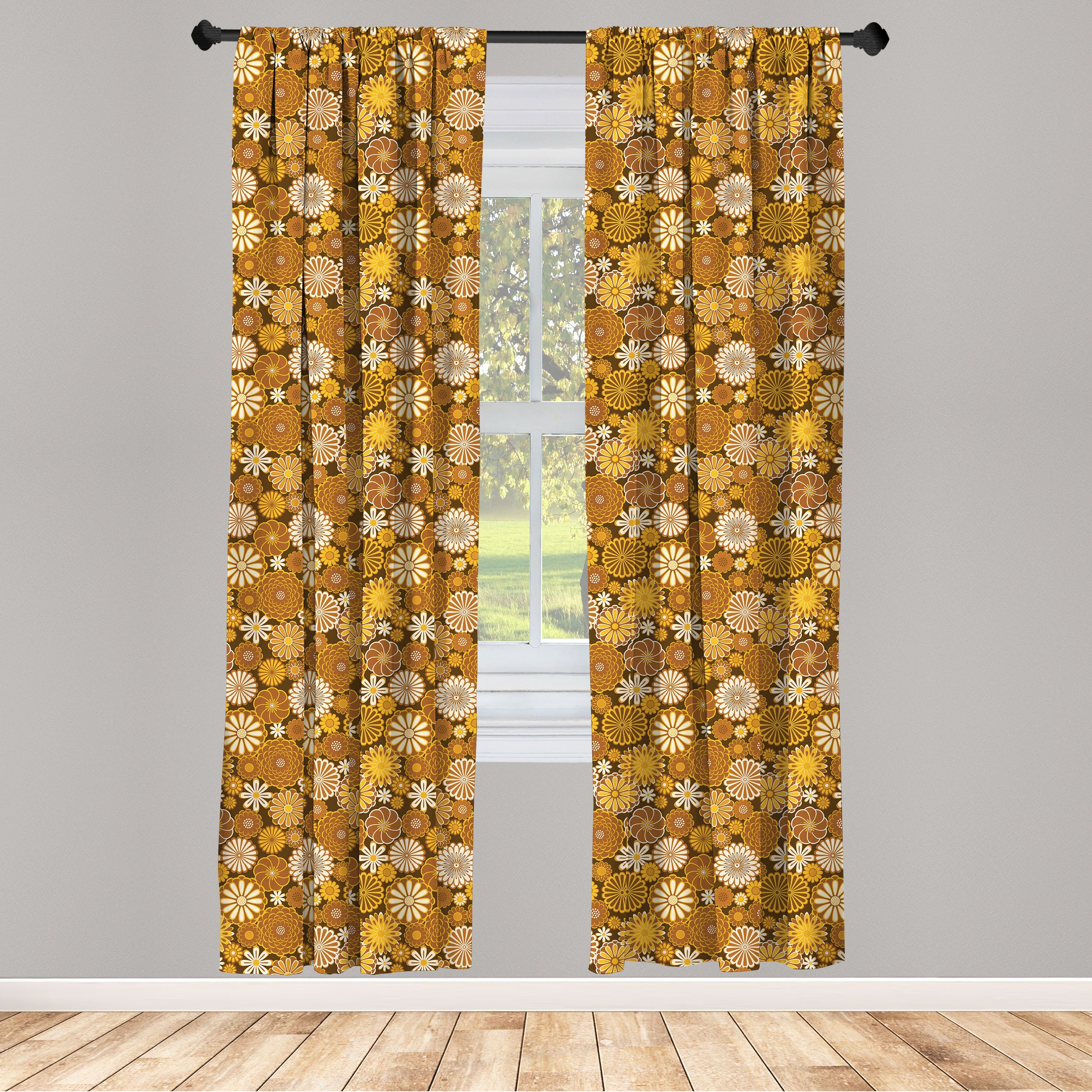 Gardine Vorhang für Wohnzimmer Schlafzimmer Dekor, Abakuhaus, Microfaser, Gelb Braun Round Retro Gänseblümchen | Fertiggardinen