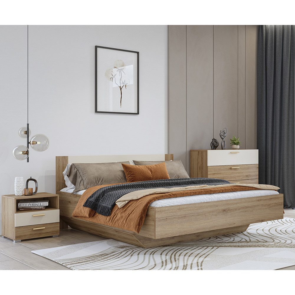 Lomadox Schlafzimmer-Set VARESE-83, (Spar-Set, 3-tlg., Bettgestell klappbarer Lattenrost Kommode Nachtkommode), Eiche mit beige inkl. Lattenrost Bettkasten 180x200cm Liegefläche