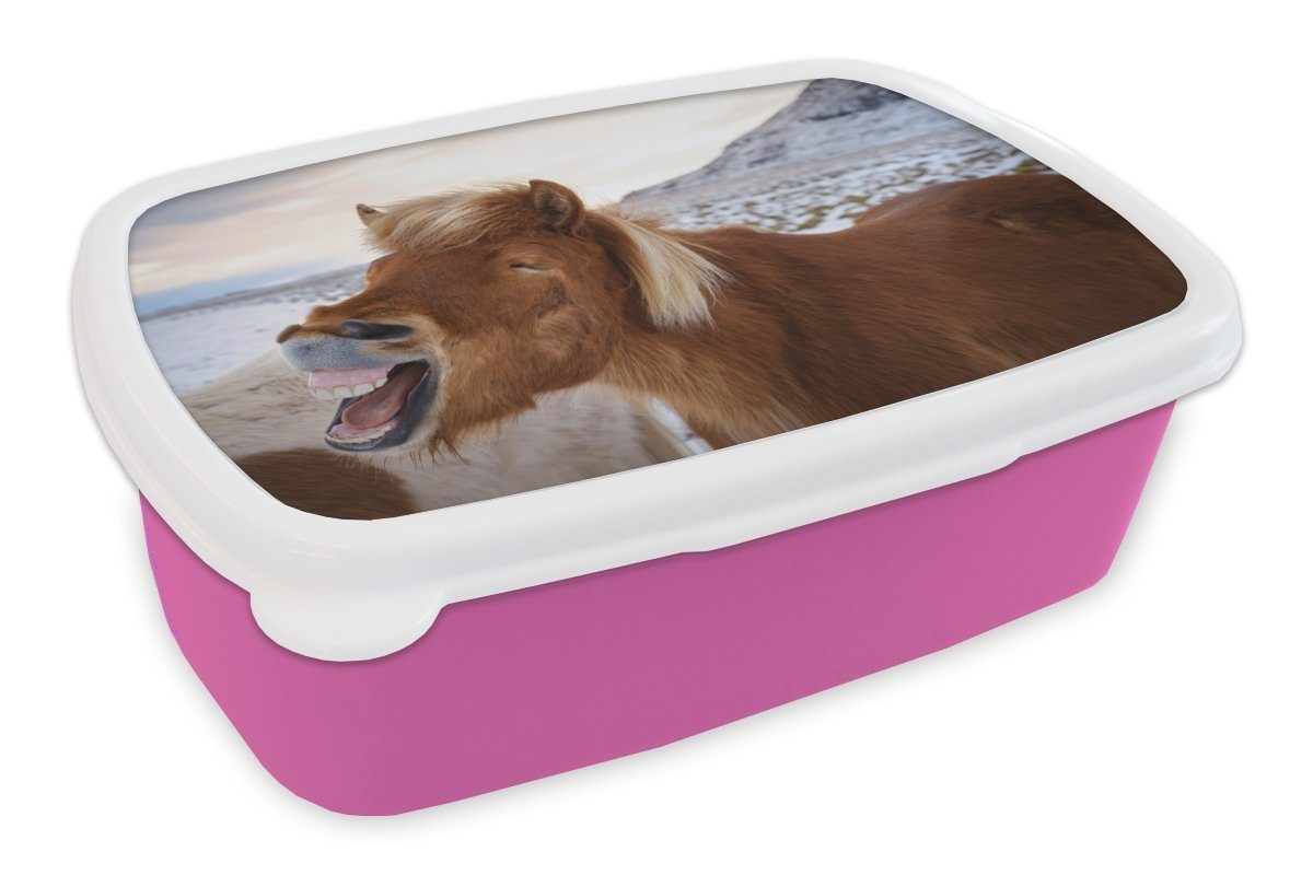 MuchoWow Lunchbox Pferd - Strand - Braun, Kunststoff, (2-tlg), Brotbox für Erwachsene, Brotdose Kinder, Snackbox, Mädchen, Kunststoff rosa