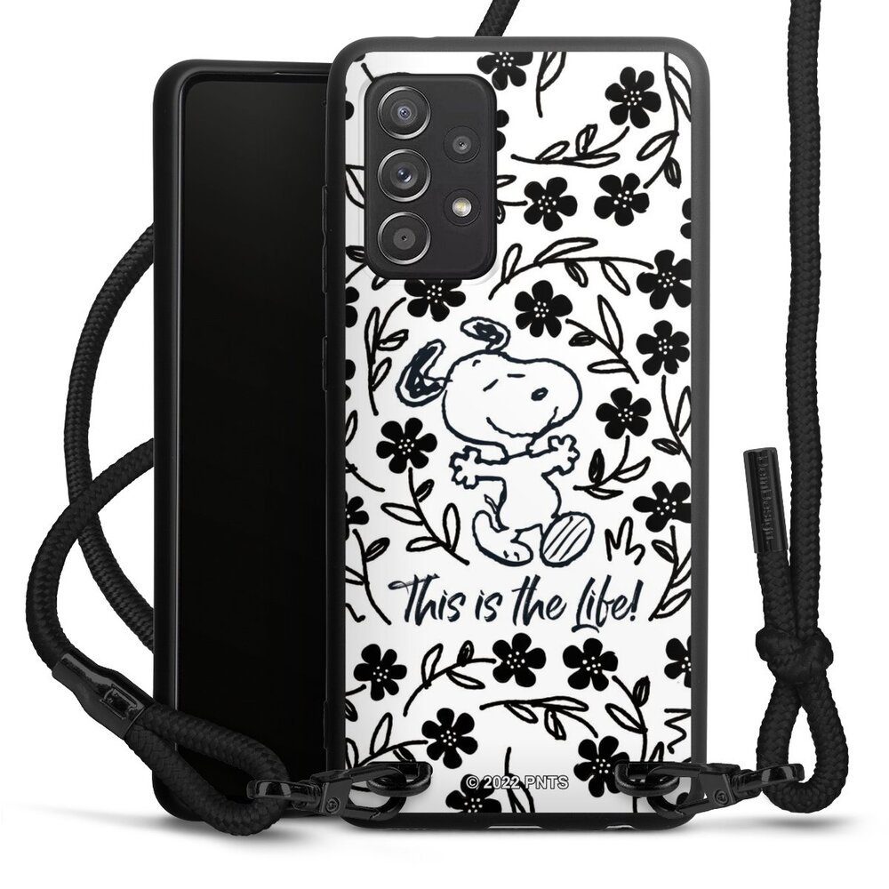 DeinDesign Handyhülle Peanuts Blumen Snoopy Snoopy Black and White This Is The Life, Samsung Galaxy A52s 5G Premium Handykette Hülle mit Band