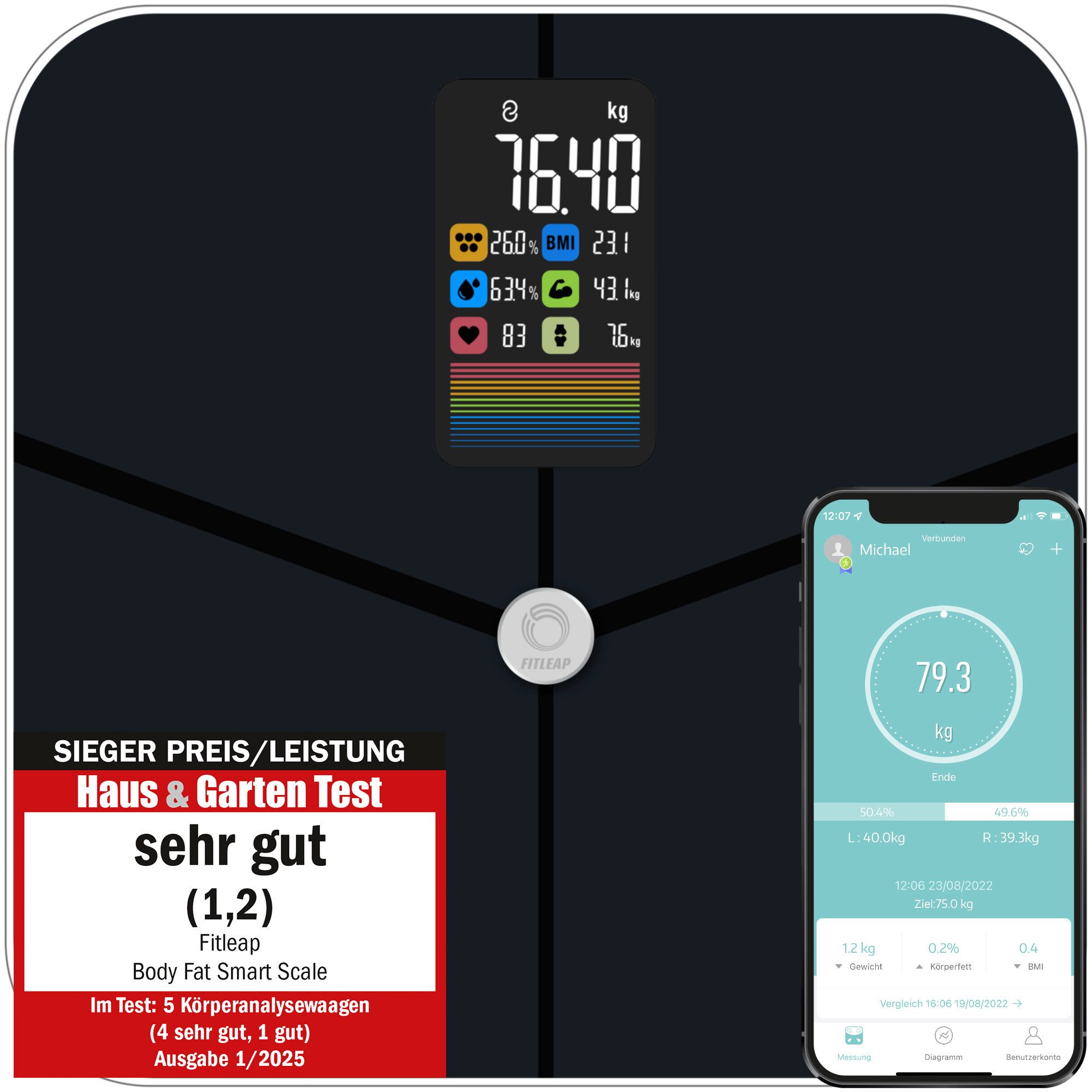 Fitleap Personenwaage Waage mit Körperfett- & Muskelanalyse bis 180kg, mit großen Display &…