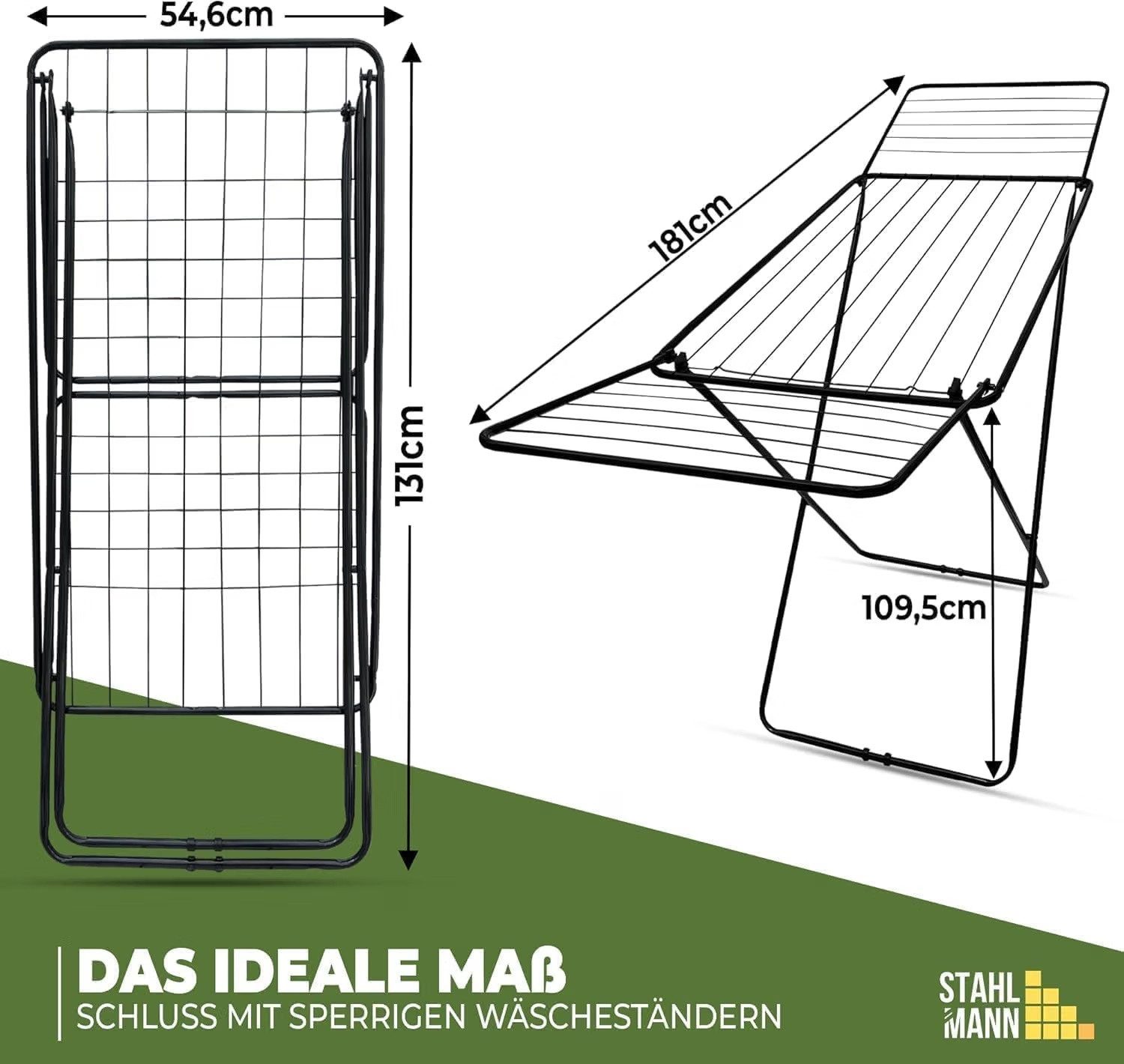 STAHLMANN Wäscheständer [18 m Trockenfläche], Klappbar, Made in Europe, schwarz, leicht, platzsparend, stabil, für drinnen und draußen, Metall – Bild 3 von 5