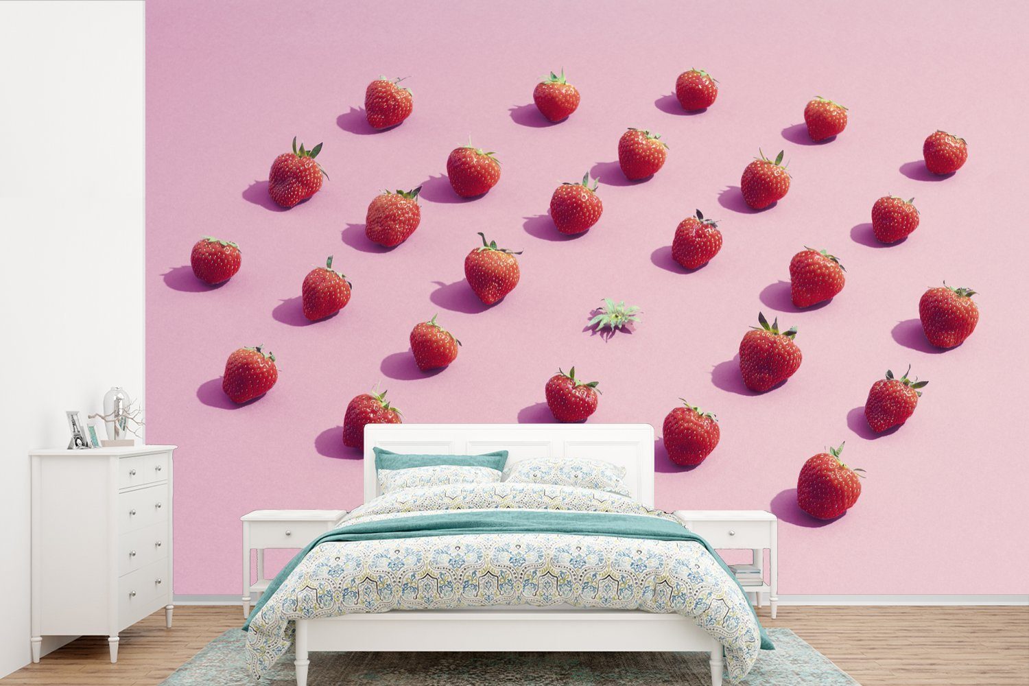 Rosa bedruckt, Schlafzimmer, - Fototapete Wallpaper Tapete Matt, MuchoWow Vinyl Obst, für Kinderzimmer, (6 - St), Wohnzimmer, Erdbeere