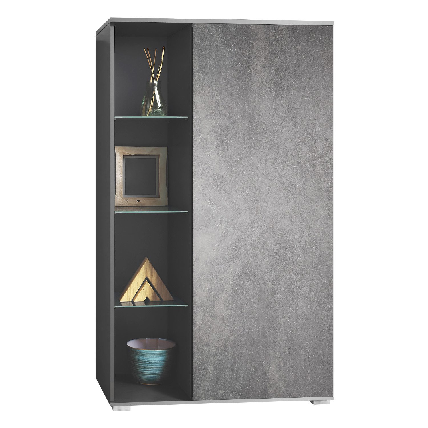 Vladon Standvitrine Davos (Standvitrine, mit 3 Glasböden und 8 Fächer) Anthrazit matt/Steingrau (71,5 x 134 x 35 cm)