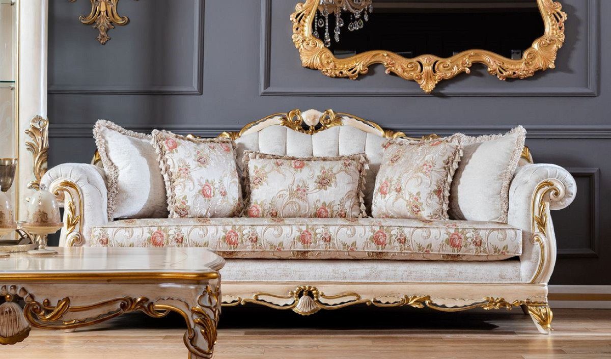 Casa Padrino Sofa Luxus Barock Sofa Weiß / Beige / Gold - Prunkvolles Wohnzimmer Sofa mit Blumenmuster - Barock Wohnzimmer Мебель