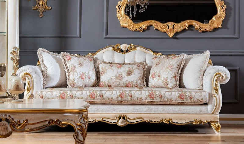 Casa Padrino Sofa Luxus Barock Sofa Weiß / Beige / Gold - Prunkvolles Wohnzimmer Sofa mit Blumenmuster - Barock Wohnzimmer Möbel