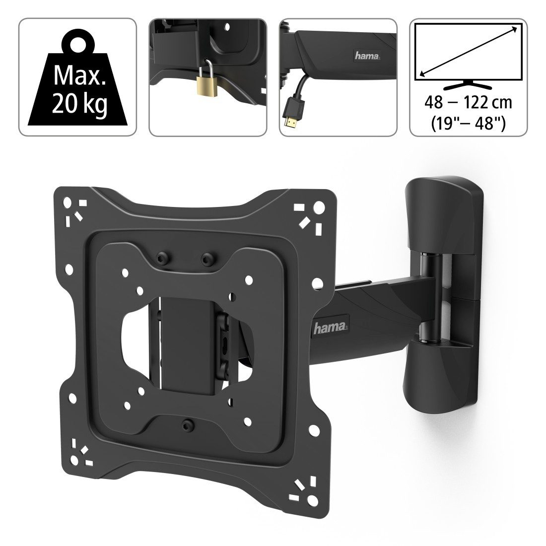 Hama TV-Wandhalterung Wandhalterung (schwenkbar, neigbar,19"-48", VESA 200x200), (bis 48 Zoll, mit Diebstahlschutz)