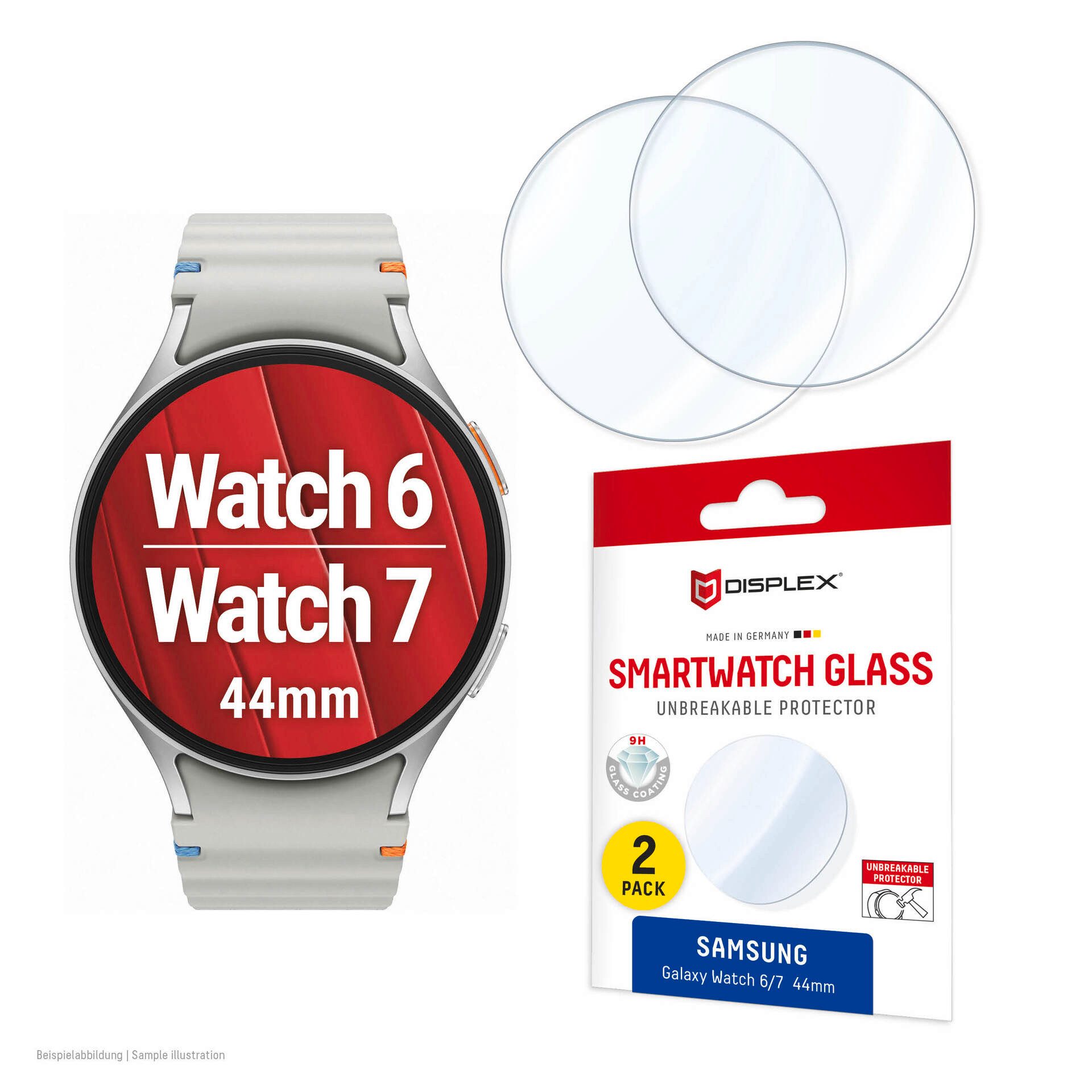 Displex Displayschutzglas Smartwatch Glass Unbreakable Protector für Samsung Galaxy Watch6 44 mm, Samsung Galaxy Watch7 44 mm, Packung, Displayschutzfolie, Schutzfolie, Bildschirmschutz, kratz- & stoßfest