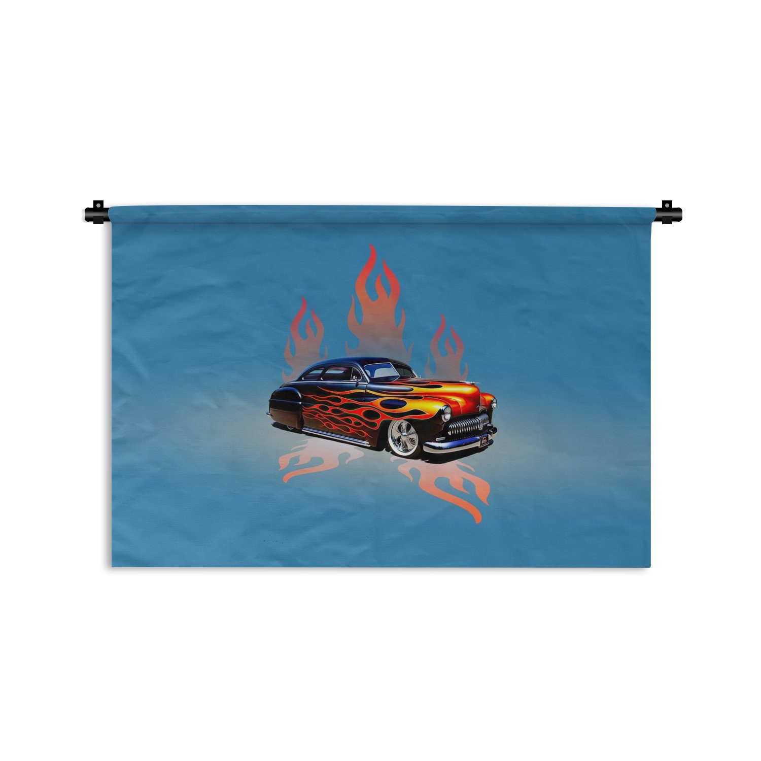MuchoWow Wanddekoobjekt Auto - Flammen - Feuer - Blau - Vintage, Wanddeko für Wohnzimmer, Schlafzimmer, Kleid, Wandbehang, Kinderzimmer