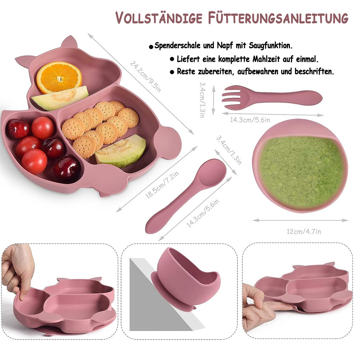 KINSI Kindergeschirr-Set Kindergeschirr-Set 8-teilig, Silikongeschirr, Eichhörnchen-Design, 1 Personen, rutschfestes, Löffel-, Gabel-, Schüssel-, Teller- und Be – Bild 5 von 5