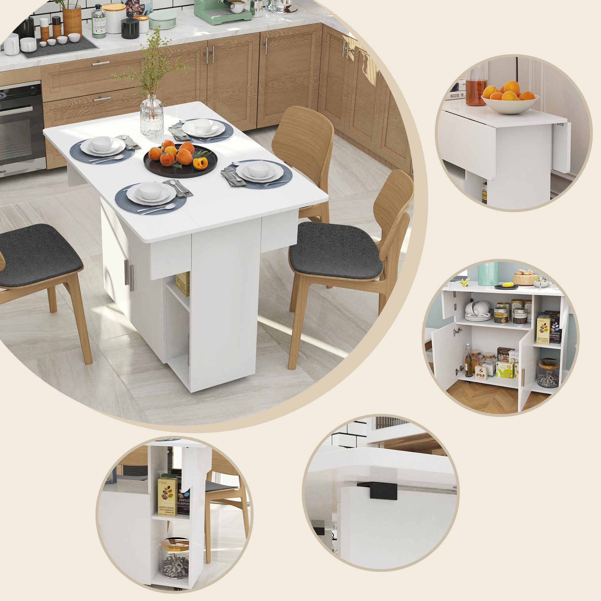 JEOBEST Esstisch Klappbarer Esstisch mit Ablage und Rollen, MDF, (Küchentisch, 1-St., Esstisch für 6 Personen) für Esszimmer und Küche – Bild 4 von 5