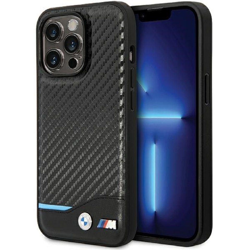 BMW Handyhülle Case iPhone 13 Pro Carbon Look schwarz Logo Metall 6,1 Zoll, Kantenschutz