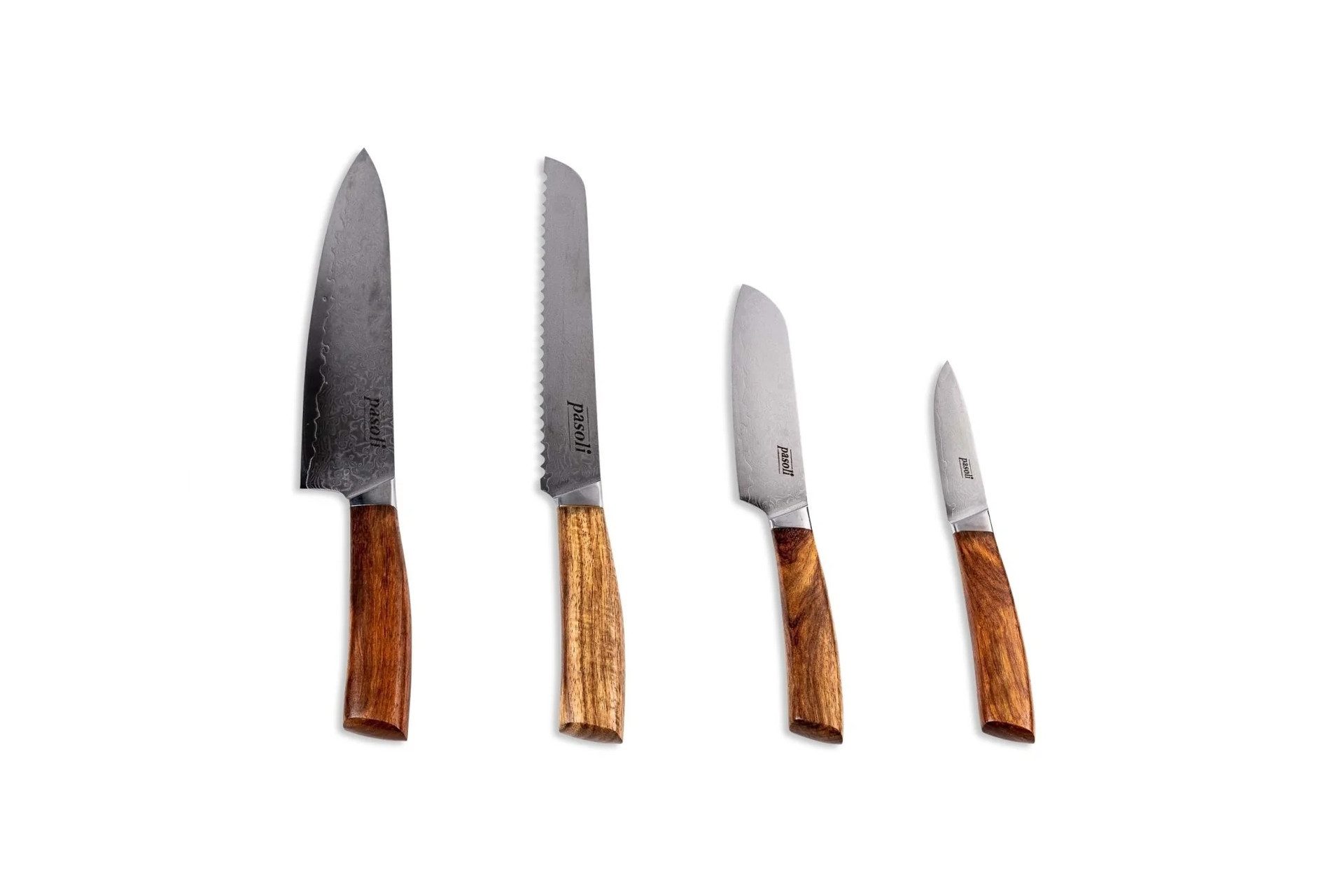 pasoli Damastmesser 4er Set - hochwertiger VG10 Kern, 67 lagiger Damaststahl, Olivenholz-Griff ergonomisch geformt