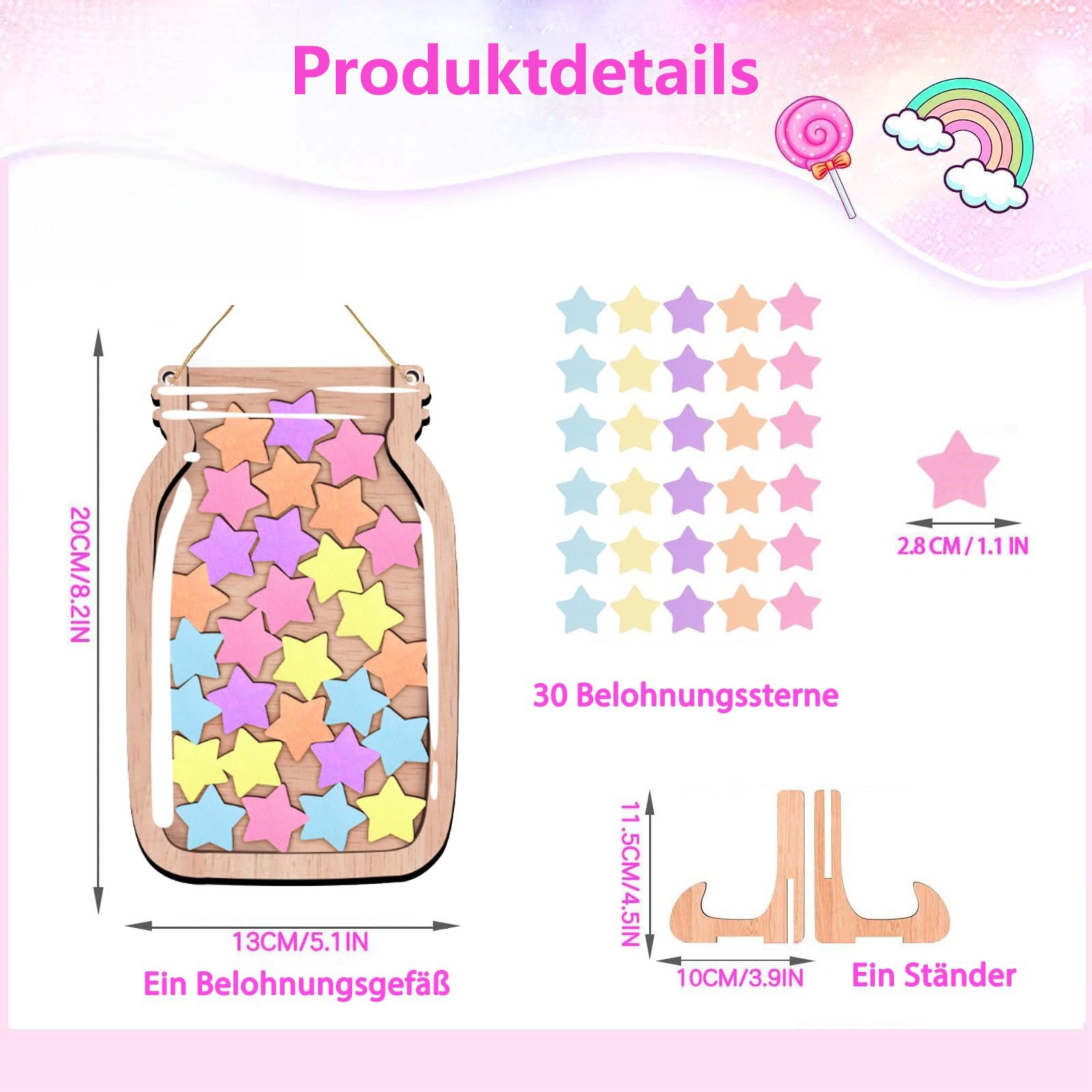 FOUORTUNATE-BEE Magnettafel Belohnungsglas Magnetisch Kinder Belohnungssystem, (Grundschule Lehrerbedarf Belohnungsglas mit Holzhalter und 30 Sterne, Belohnungsglas Klassenzimmer für Gutes)
