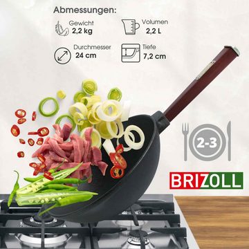 4BIG.fun Wok Wok Bratpfanne Ø24 cm 2,2 L aus Gusseisen, Gusseisen (mit Holzgriff Glasdeckel Asia Wokpfanne Induktion), Holzgriff abschraubbar, Induktionsgeeignet