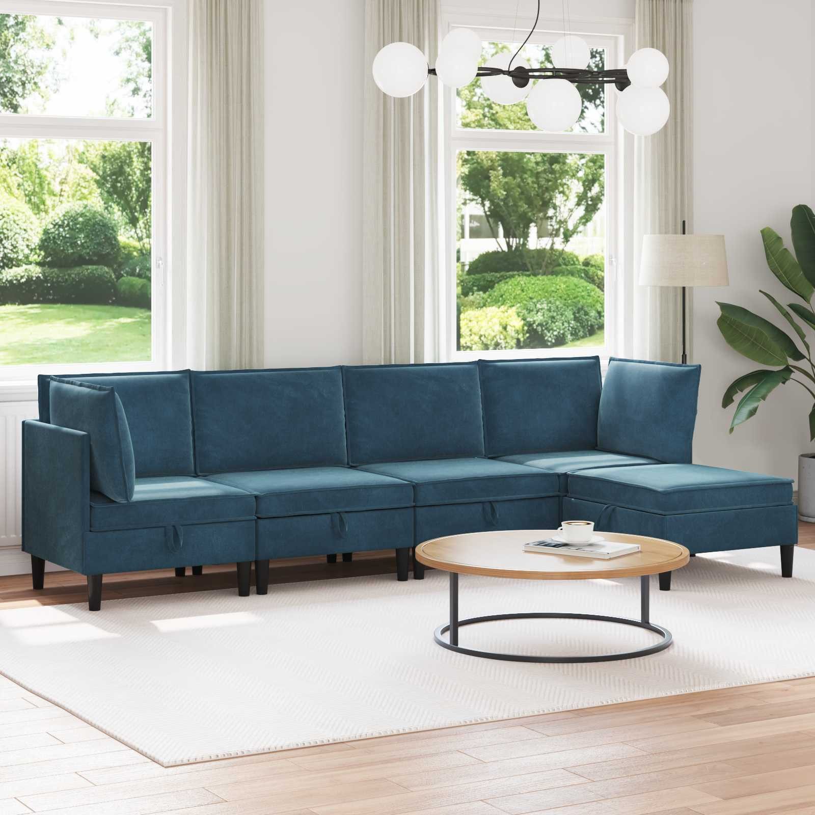 vidaXL Wohnzimmer-Set Wohnzimmergarnitur mit Kissen mit Speicher 5 pcs Blau Samt, (5-St)