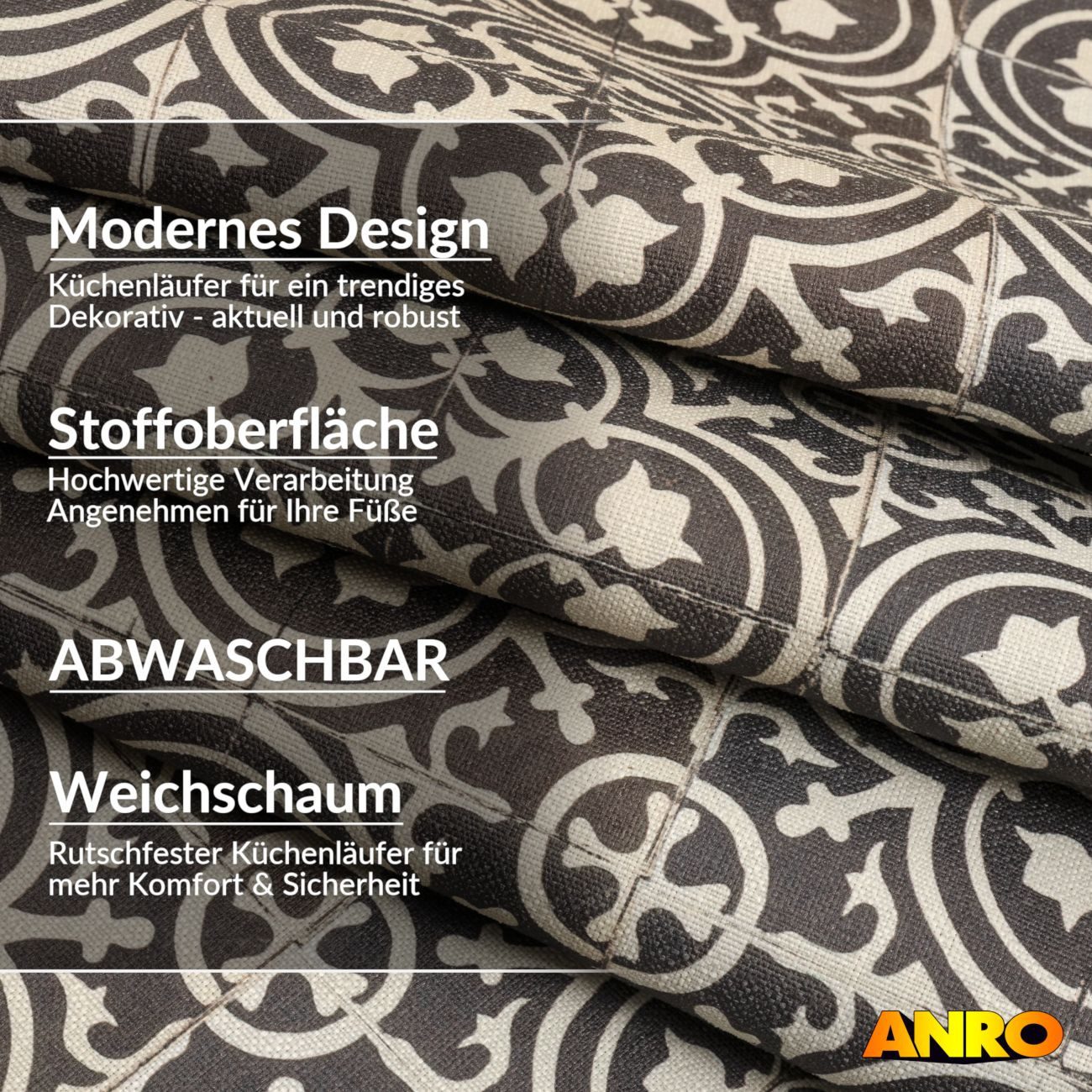 ANRO Küchenläufer Premium Arabesk RUNNA Läufer Küchenteppich Stoff-Teppich, Rechteckig, Höhe: 3 mm, Stoff schmutzabweisend 67x100cm Vintage Schwarz robust