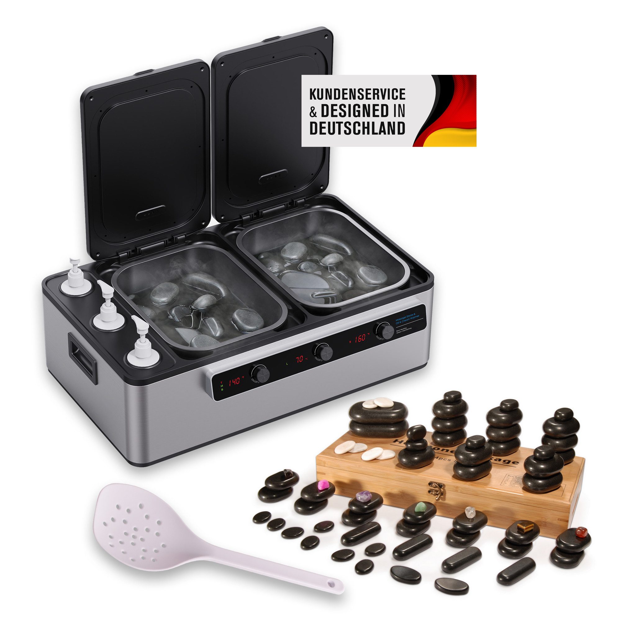 PROMAFIT Massagegerät Hot Stone Wärmegerät, Profi 2-in-1 Heizgerät für Massagesteine & Öl, Set 64-tlg., Hot Stone Erwärmer inkl. Hot Stones, Professionelle 2-in-1-Lösung, Flexible Heizzonen