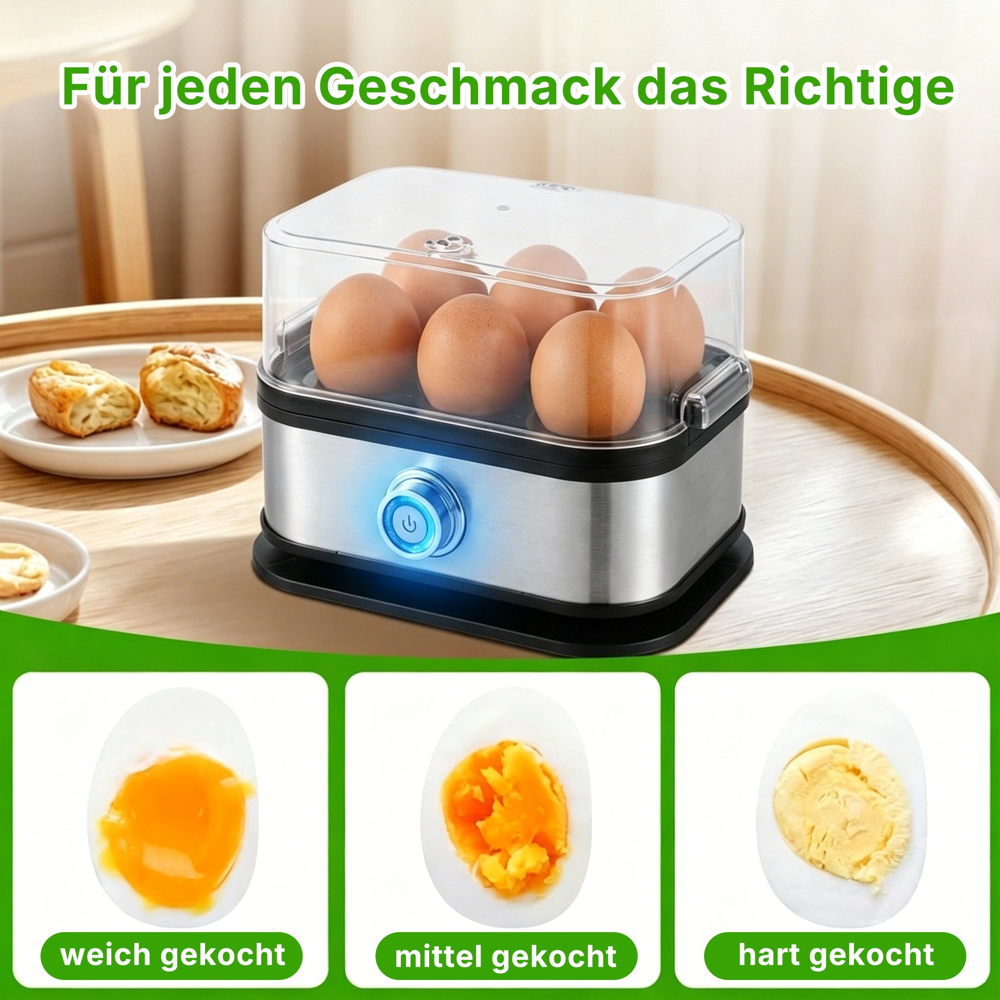 ibettertec Eierkocher für 6 Eier, Dampfgarer, für Frühstückseier von weich bis hart, Anzahl Eier: 6 St., 200 W, BPA-frei, mit Überhitzungsschutz, spülmaschinengeeignet
