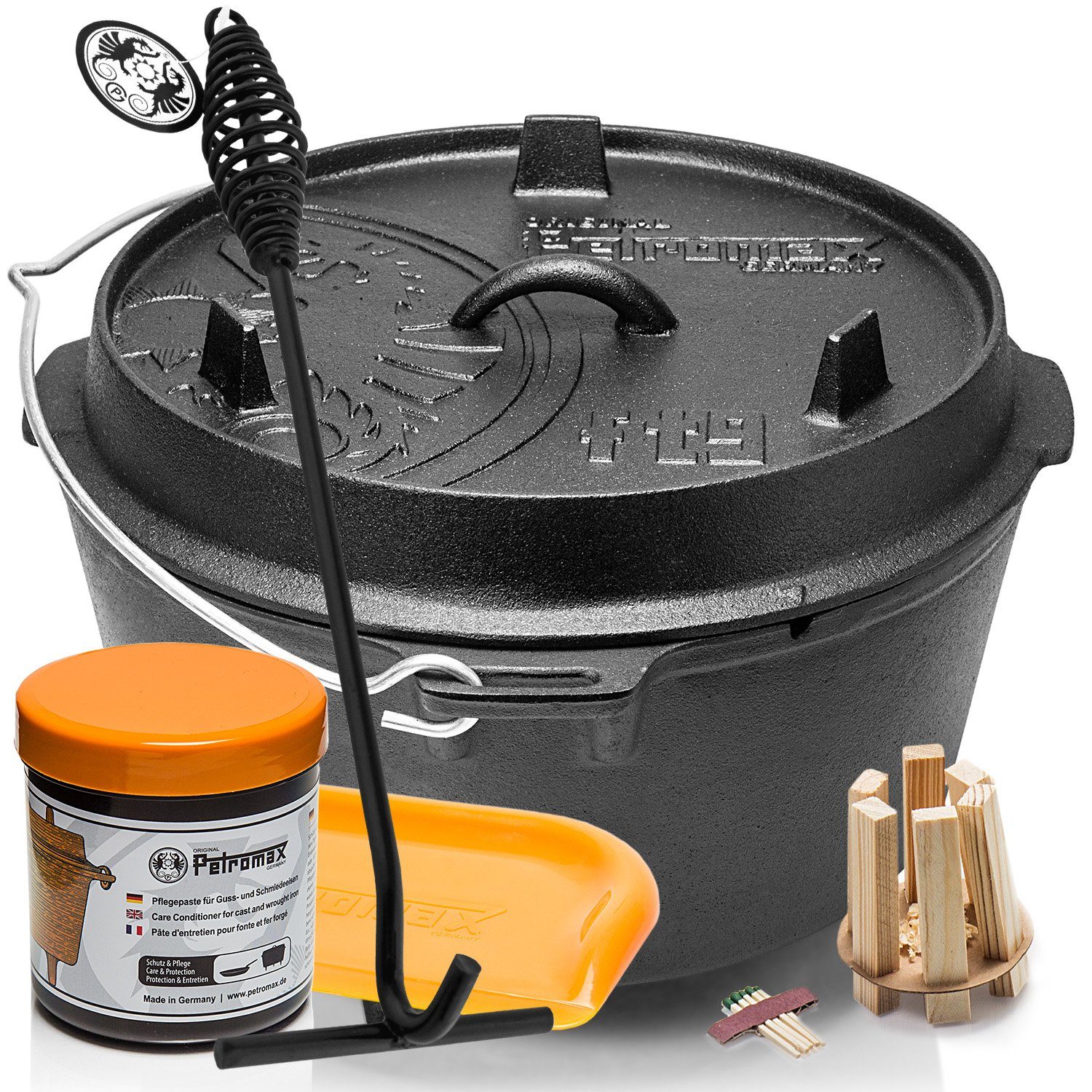 Petromax Schmortopf Feuertopf Dutch Oven ft9 mit Füssen 8-14 Personen 7,5l, Gusseisen (Spar-Set, 6-tlg., Topf+Deckel+Deckelheber+Paste+Schaber+Feuer-Kit), Deckel mit Henkel, als Pfanne nutzbar, Topf induktionsfähig