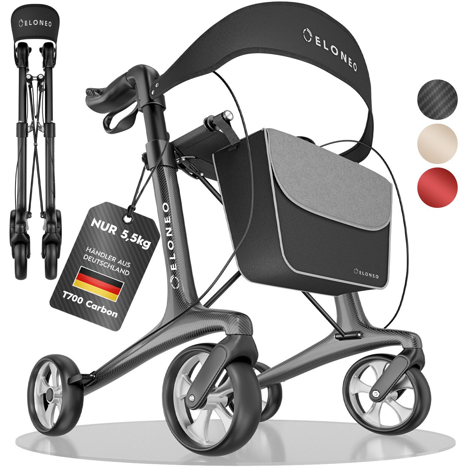 ELONEO Rollator aus Carbon, ultraleicht, faltbar, mit Sitz, Faltbarer Rollator mit Sitz, Rückenlehne, Einkaufstasche
