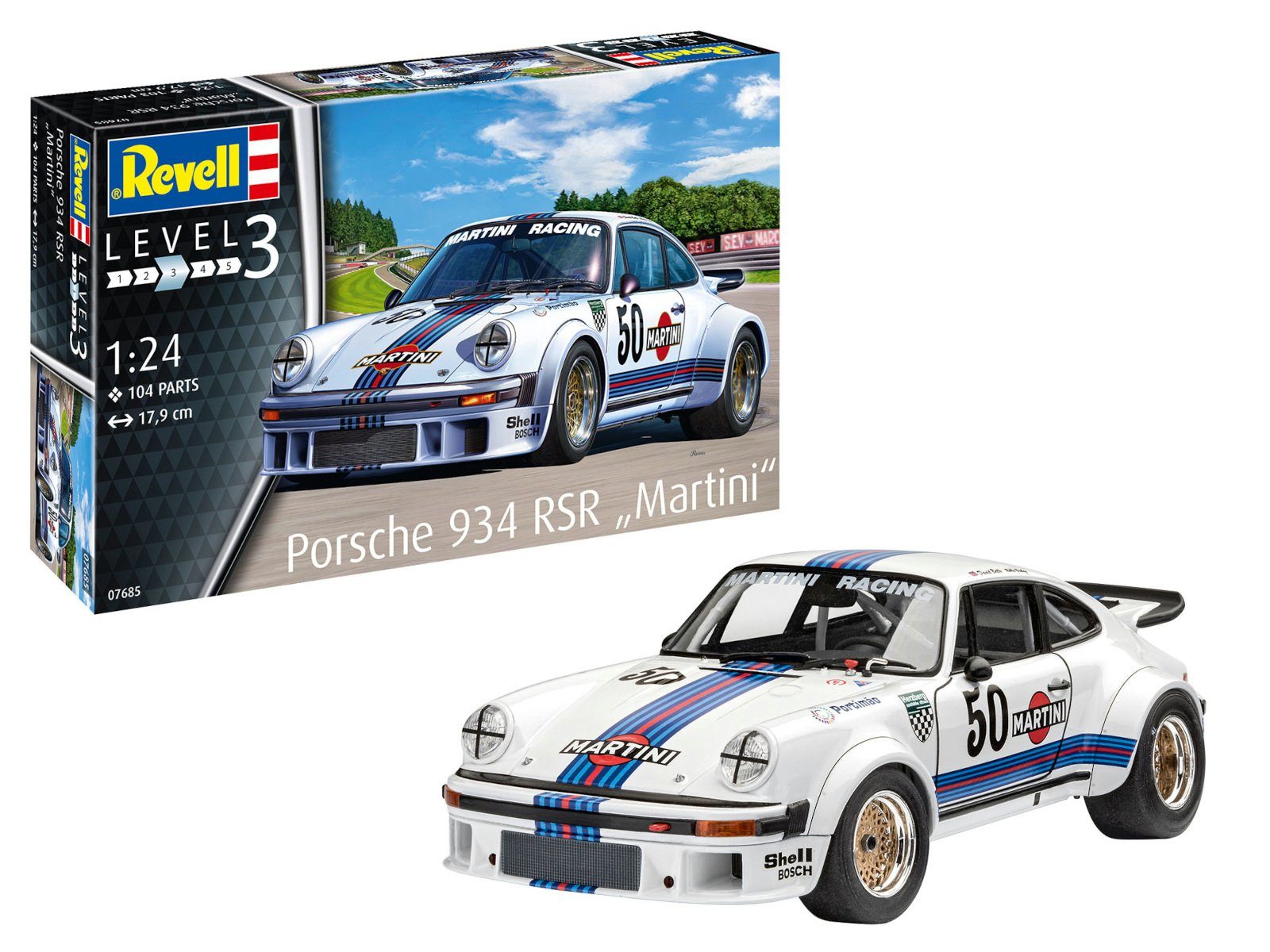 Revell® Modellbausatz Bausatz "Porsche 934 RSR Martini" Maßstab 1:24 104 Teile ab 10 Jahren, Maßstab 1:24, (Packung, 104-tlg)