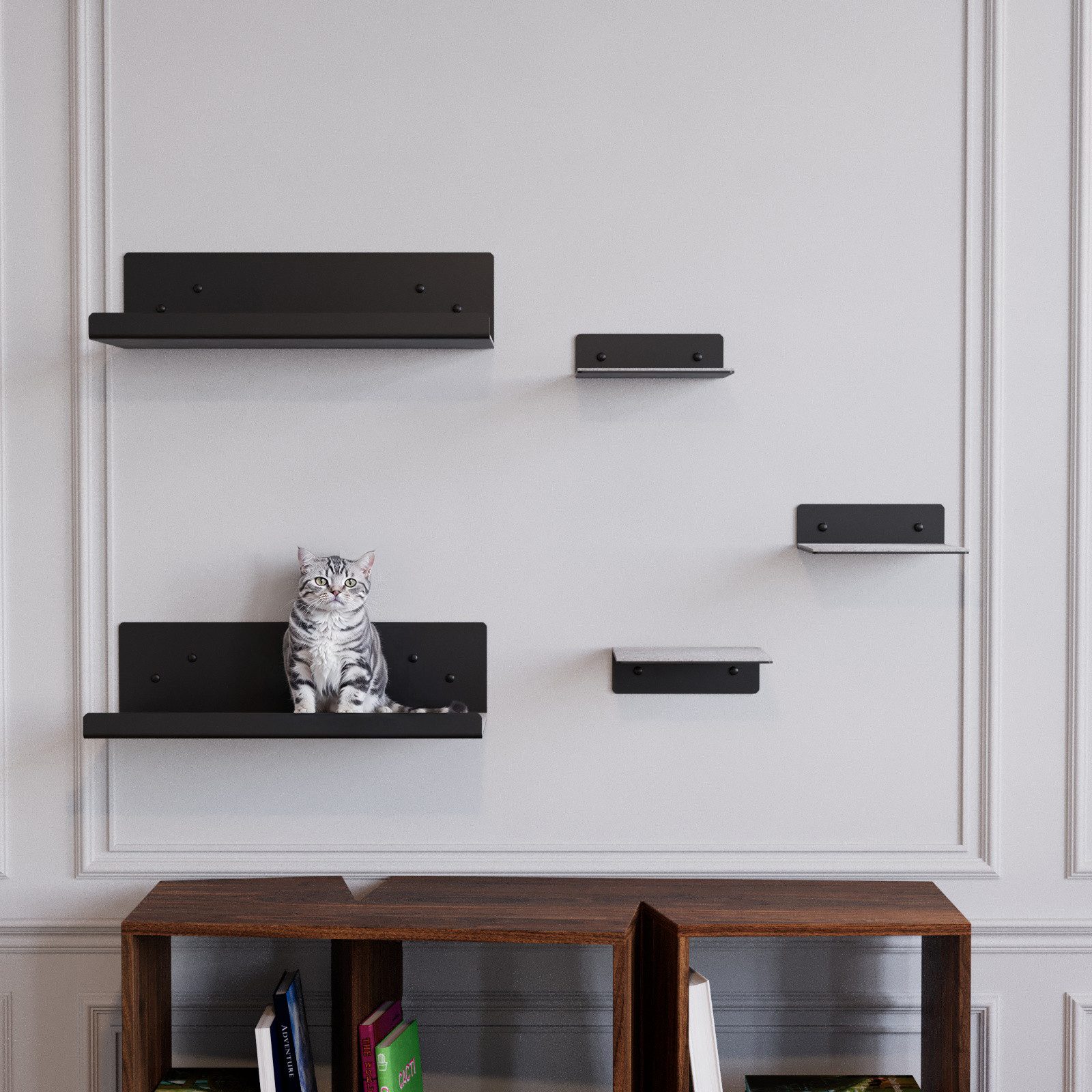 QLS Katzen-Kletterwand Set Schwarz, mit Filz 2 Liegen 3 Stufen zur Wandmontage