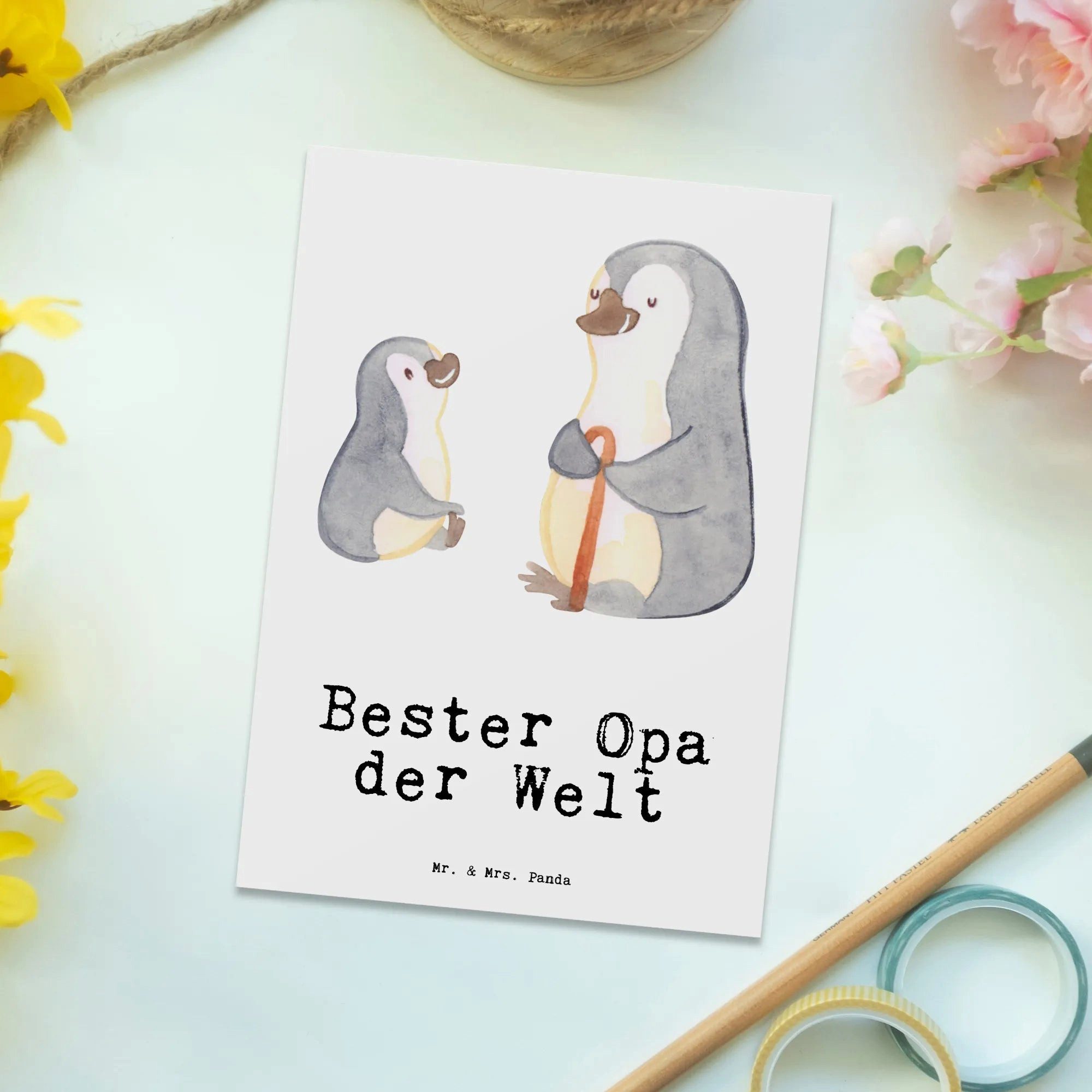 Thumbnail - Mr. & Mrs. Panda Postkarte Pinguin Bester Opa der Welt - Weiß - Geschenk, Postkarte, Enkel, Gesc, Liebevolles Design