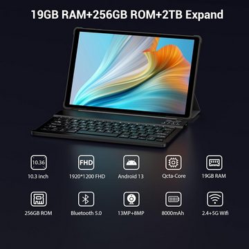 POWMUS Tablet (10,36", 256 GB, Android 13, 2,4G+54G, Tablet Octa-Core 2.0 GHz, 8000mAh 13MP, mit Tastatur+Mehr Zubehör)