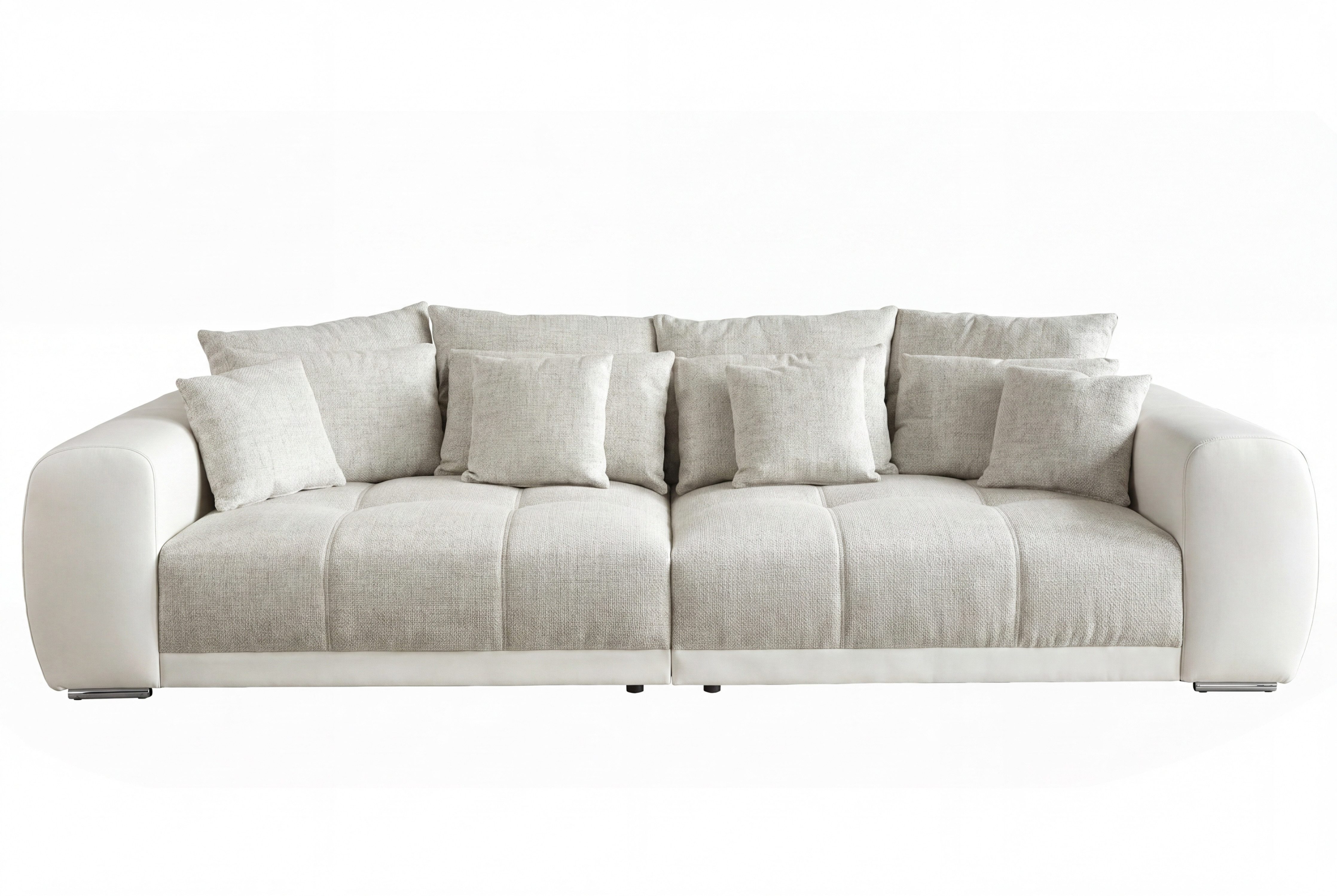 luma-home Big-Sofa 15113, XXL-Couch B306/T134/H86 cm, Liegefläche 120x240 cm, mit Federkernpolsterung, viele Kissen, markante Steppungen, Kunstleder Weiß/Web-Strukturstoff Grau Beige