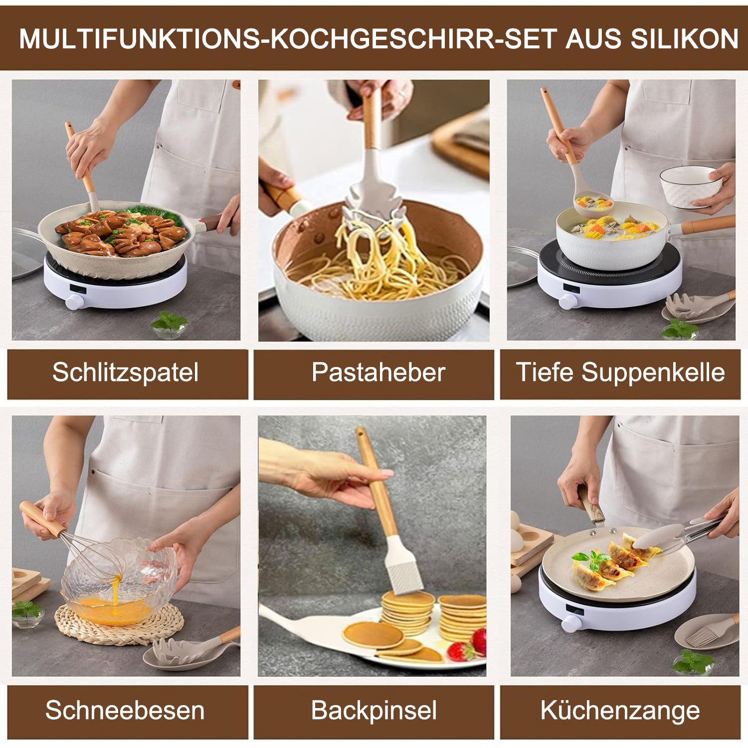 OKWISH Kochbesteck-Set 12er Küchenutensilien Set Küchenhelfer Kochgeschirrset (mit Hitzebeständigem Holzgriff und Aufhängeschlaufe, 12-tlg., Kochbesteck, Silikon und Holz), BPA-frei für Kochen Braten Schöpfen Mischen und Backen usw