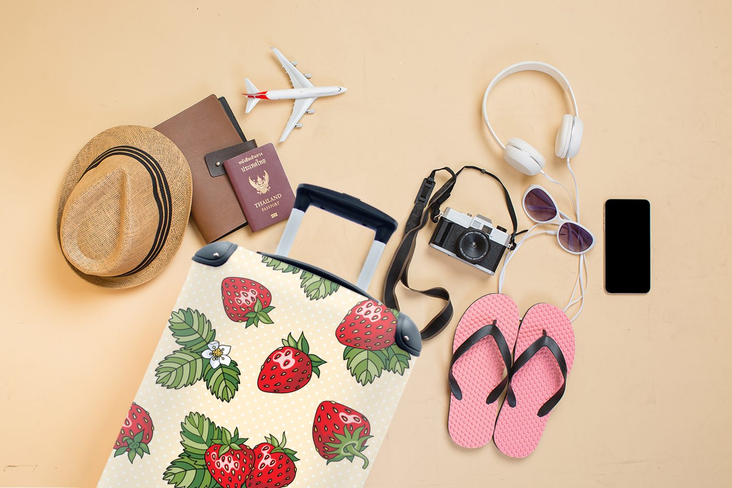rollen, Reisetasche - mit Reisekoffer Trolley, 4 - Muster, Obst Handgepäck Ferien, MuchoWow Handgepäckkoffer Rollen, für Erdbeeren