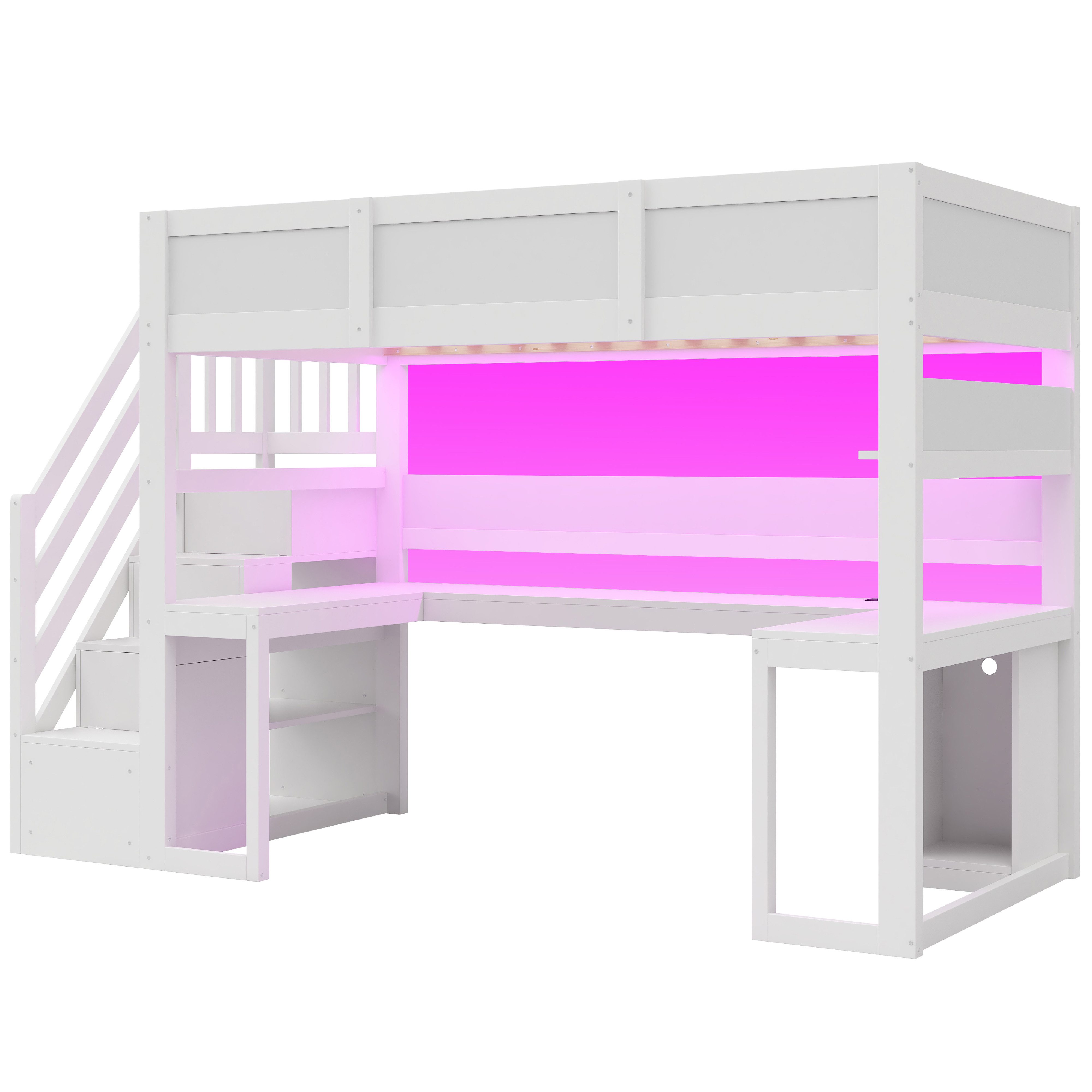 Flieks Hochbett Gamingbett 90x200cm mit Schreibtisch, Stauraumtreppe, LED & Aufladen – Bild 5 von 5