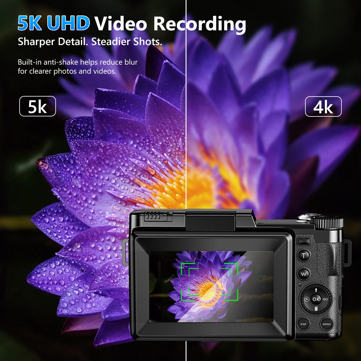 Pdgrid 64 MP & 5K, 18-fachem Zoom, 3-Zoll-Klappbildschirm (180) Vollformat-Digitalkamera (64 MP, mit 32GB, Klappbildschirm & Autofokus,für Einsteiger, Reisen & Social Media)