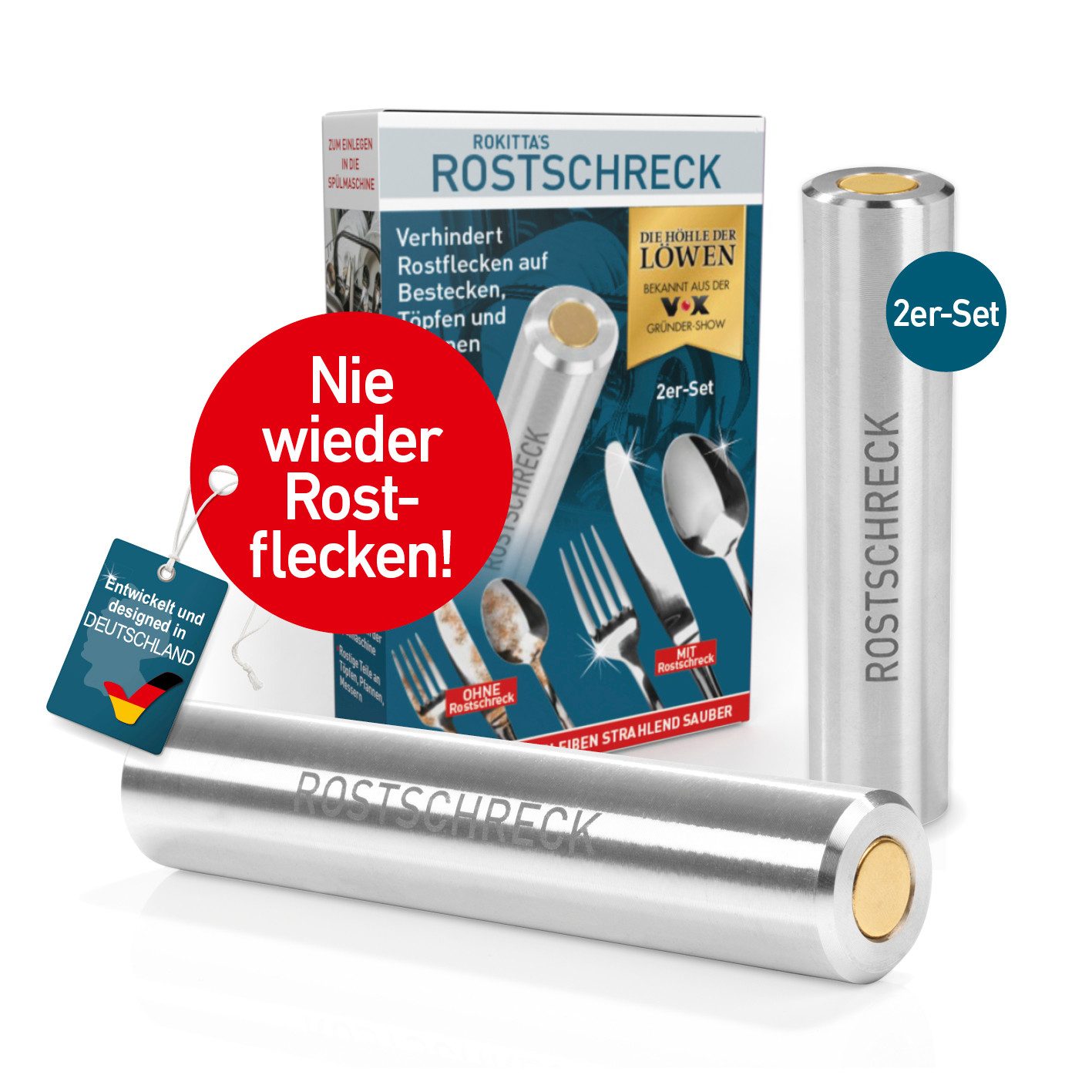 Rokitta's Rostschreck Geschirrspüleinsatz verhindert Rostflecken auf Geschirr & Besteck 2er-Set, nie wieder braune Flecken! Ohne Chemie - umweltfreundlich