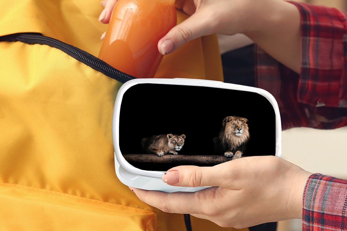 Brotbox Kunststoff, Erwachsene, - und - und Kinder Licht (2-tlg), Brotdose, weiß Jungs Löwen Lunchbox Porträt, MuchoWow für Mädchen für