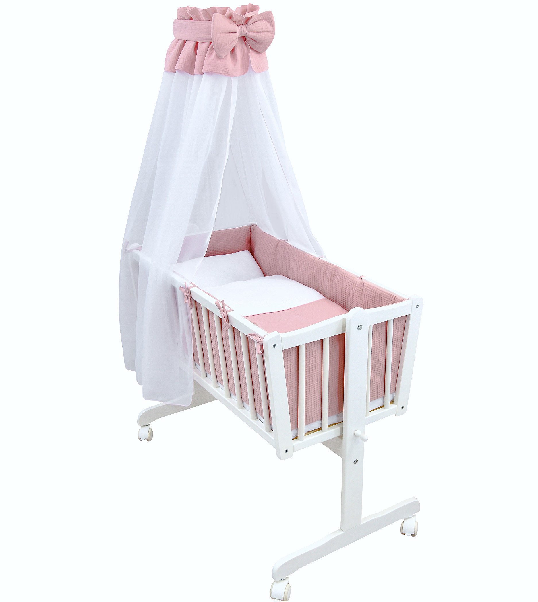Baby-Delux Stubenbett Babywiege Komplettset Waffelpique Musselin, Schaukelwiege Weiß 90x40cm Komplett Bettset Wiegenset