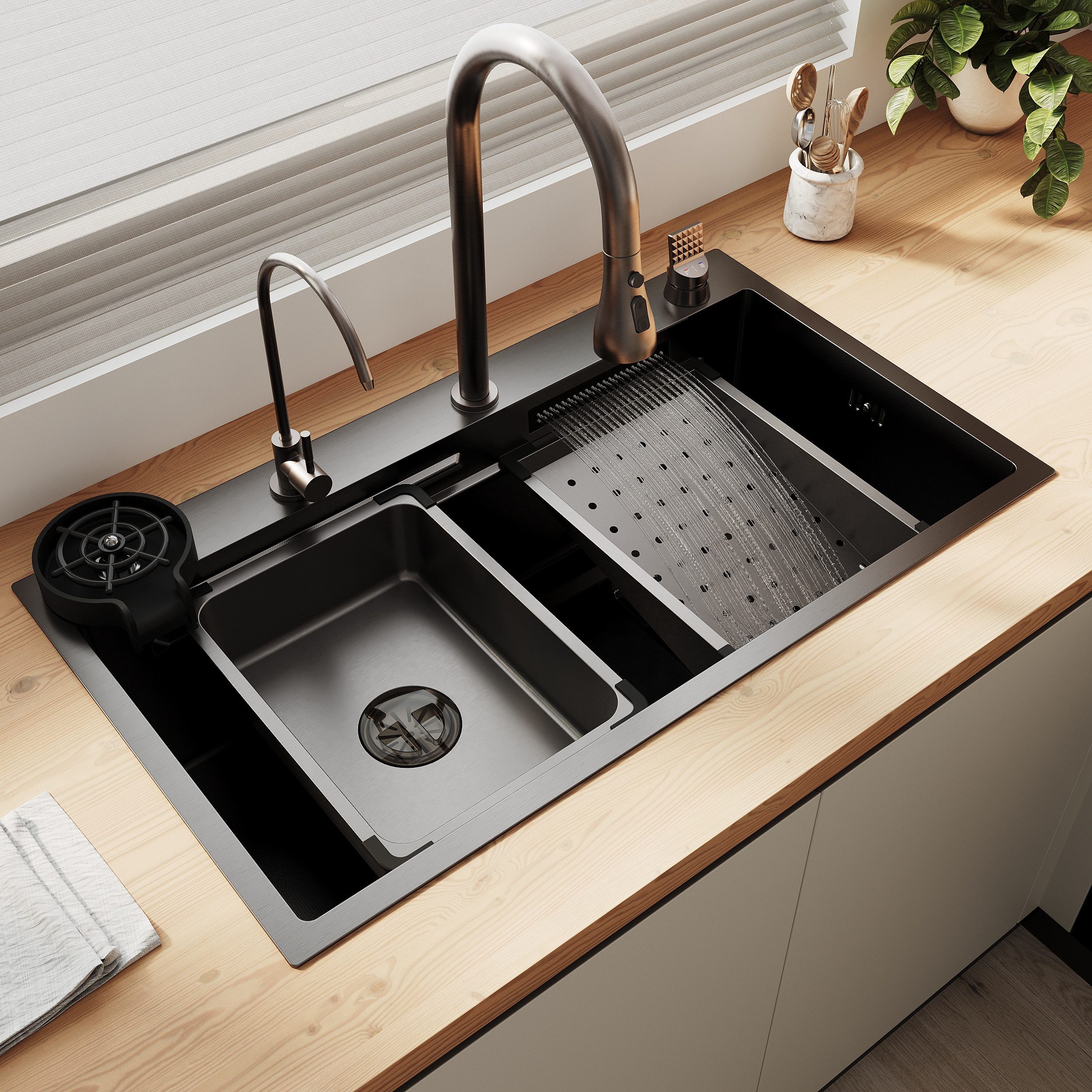 SONNI Küchenspüle Küchenspüle aus Edelstahl, Einbauspüle mit Wasserfall und Armatur, 75/24.5 cm, Spülbecken schwarz, Integriertes intelligentes Wasserhahn-System