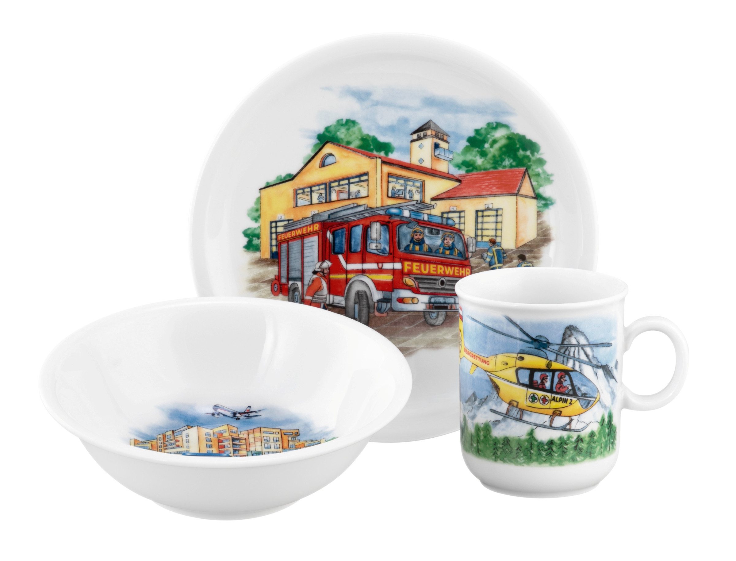 Seltmann Weiden Детская посуда-Set Compact Blaulicht, Kinder-Set 3-teilig (3-tlg), 1 Personen, Porzellan, 1x Frühstücksteller 19 cm, 1x Schüssel 16 cm, 1x Кружки 0,25 l