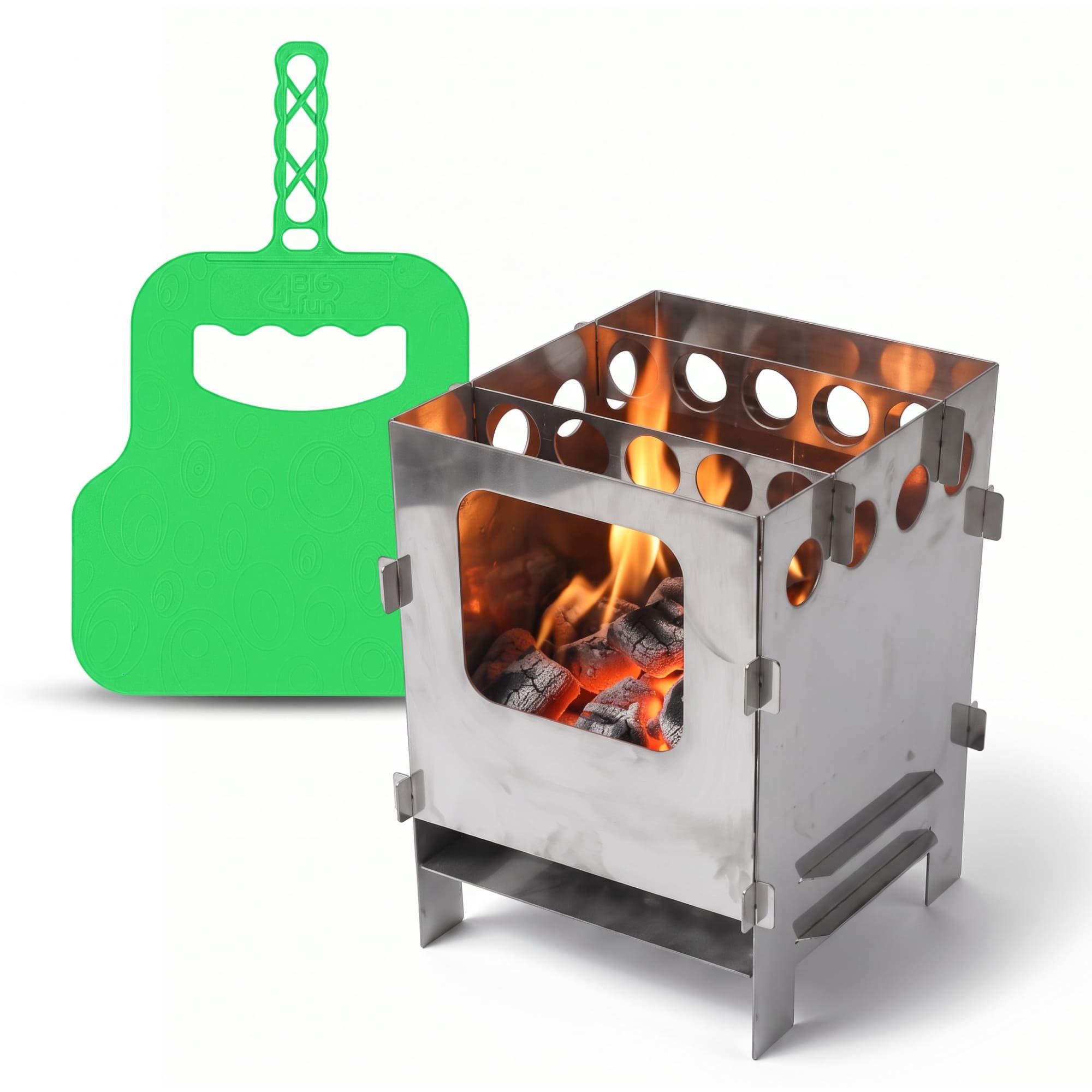 BIG-PAN Feuerstelle Hobokocher Campingkocher Edelstahl mit Grillfächer, (Holzkocher, zerlegbar, für Outdoor, mini Holzofen Tragbar), Campingofen Klappbar Faltkocher