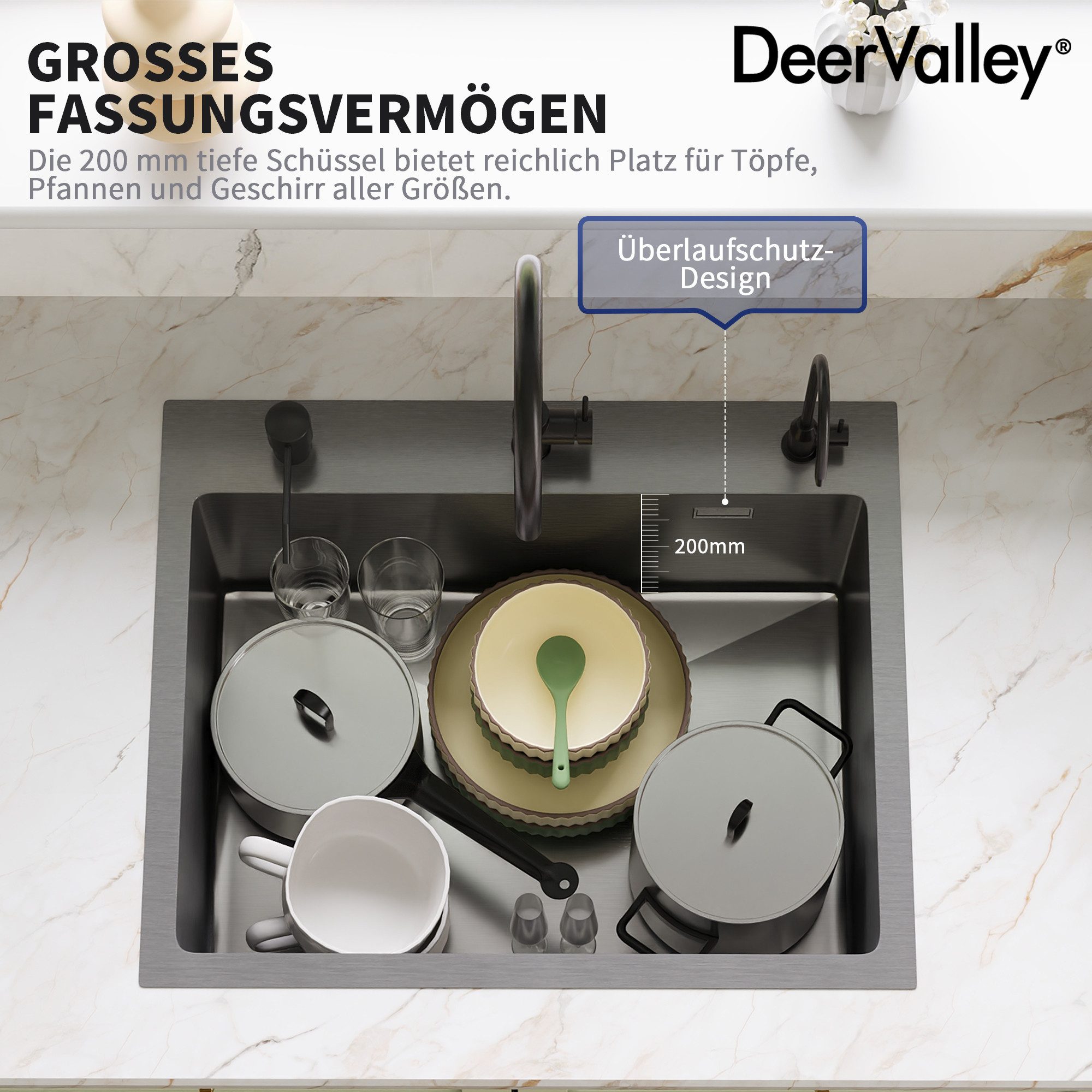 DeerValley Edelstahlspüle DeerValley Spülbecken Schwarz Küchenspüle aus Edelstahl, Nano-Beschichtung, Pop-up-Ablauf, 3 vorgebohrte Löcher, hinterer Ablauf, X-Ab – Bild 3 von 5