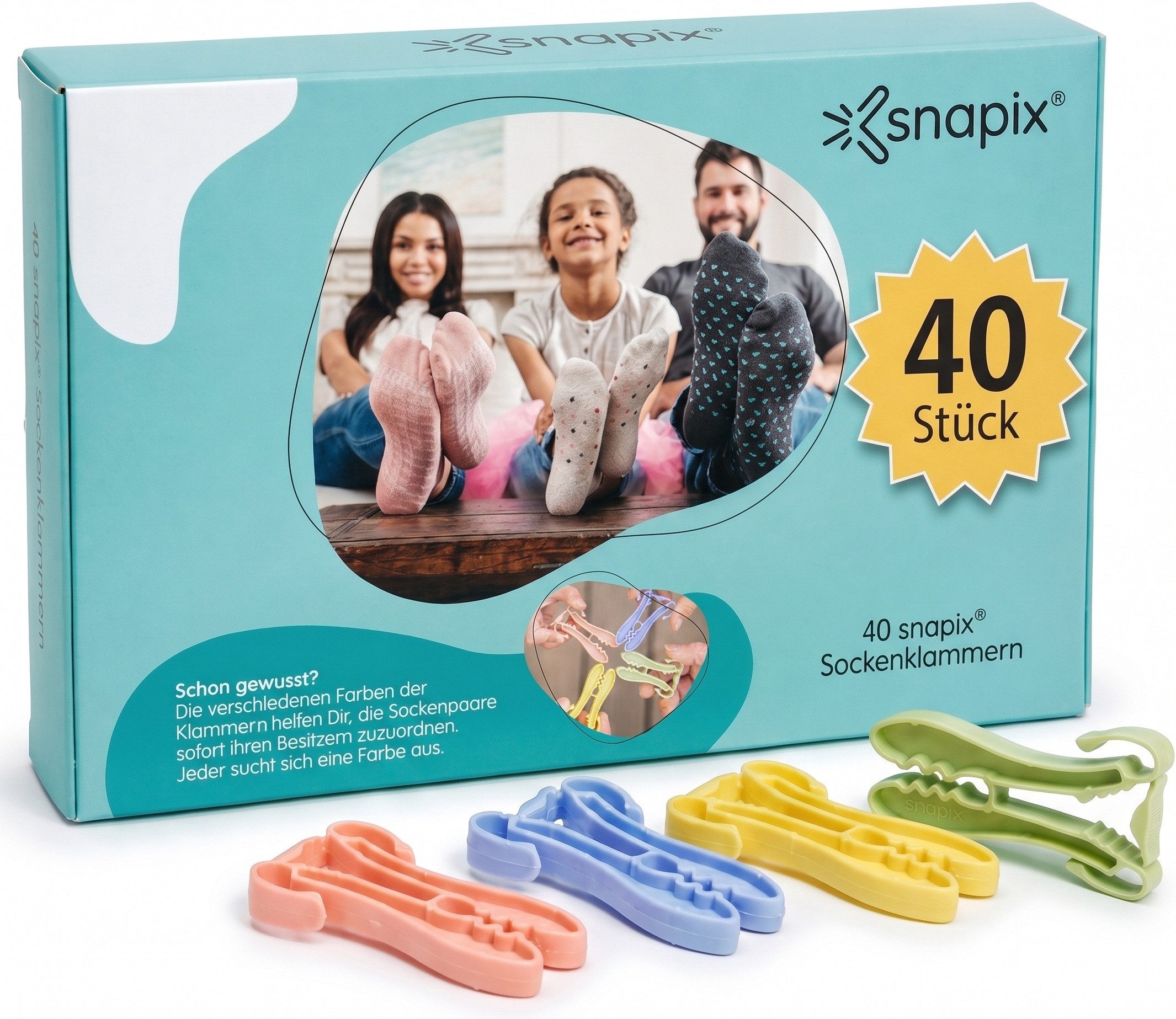 snapix Sockenklammer [40 Stück],(Set mit Klammerbeutel & Wäschenetz ODER 40x Einzelklammern, Sockenclips für Waschmaschine und Trockner), Nie Wieder Socken sortieren