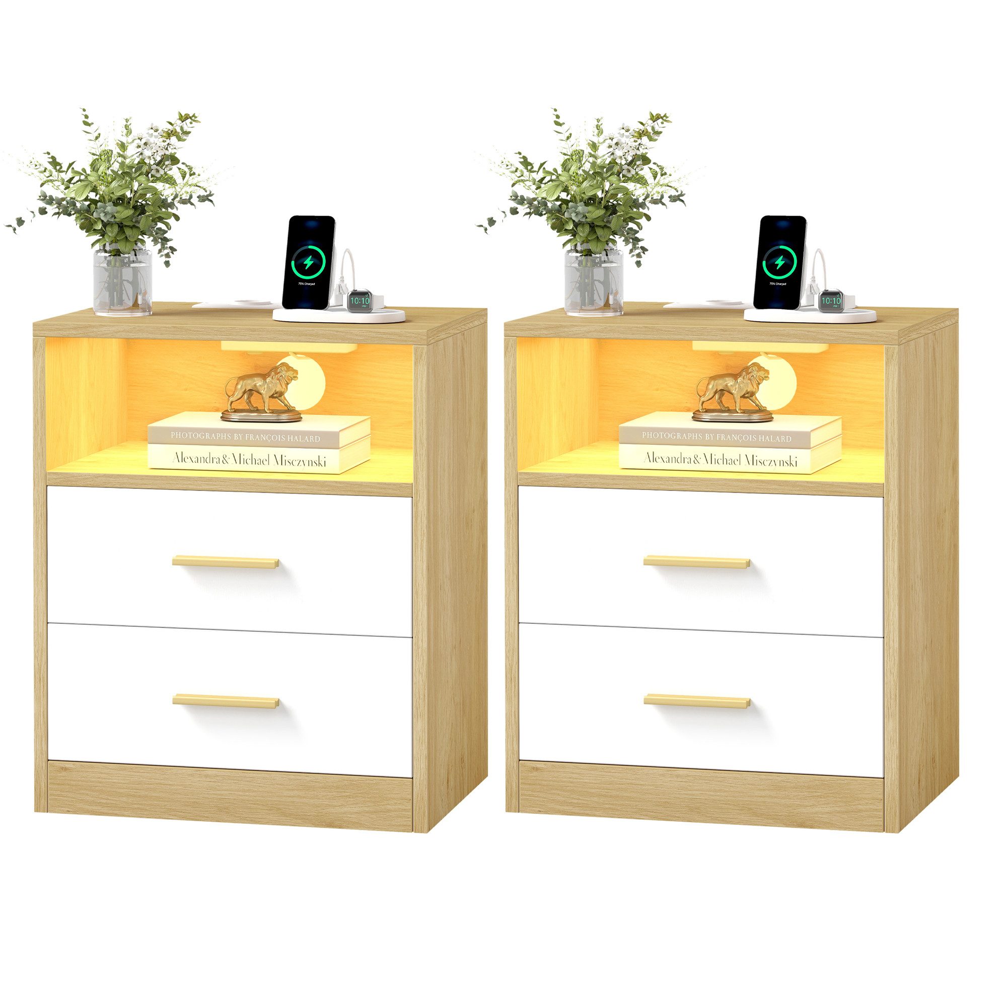 VASAGLE Nachttisch mit Ladestation, LED-Beleuchtung und Schubladen, Beistelltisch, modern, 2 AC-Steckdosen und USB-Anschlüssen, 2er Set