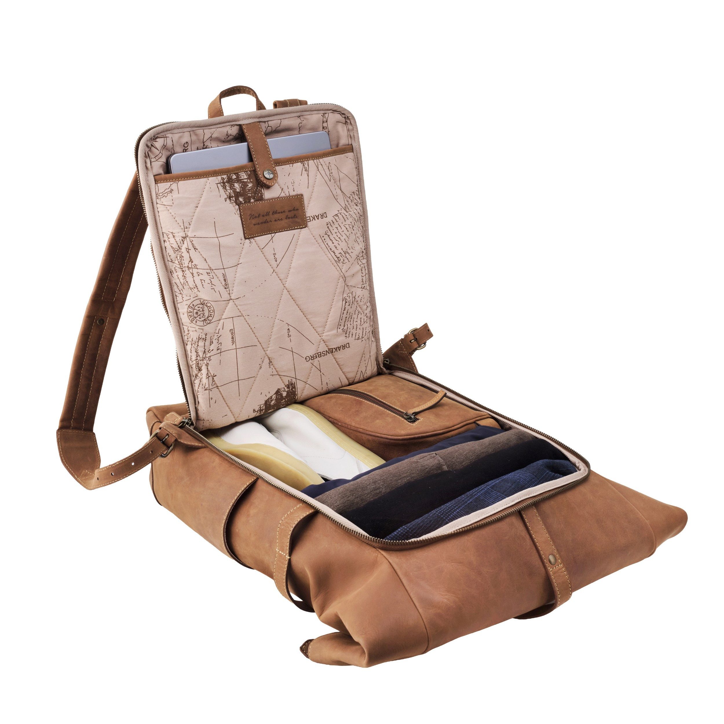 DRAKENSBERG Reiserucksack Roll-Top »Arthur« Havanna-Braun, 17" Laptoprucksack mit Organizer Fach für Zubehör, wasserabweisend
