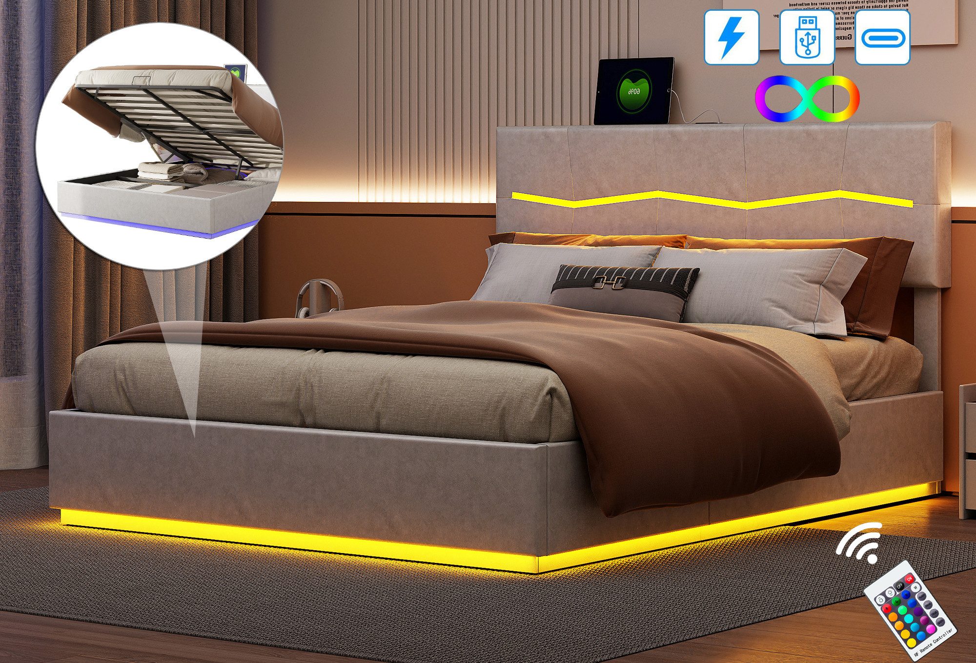 FUROKOY Polsterbett Doppelbett Stauraumbett mit USB+Type günstig online kaufen
