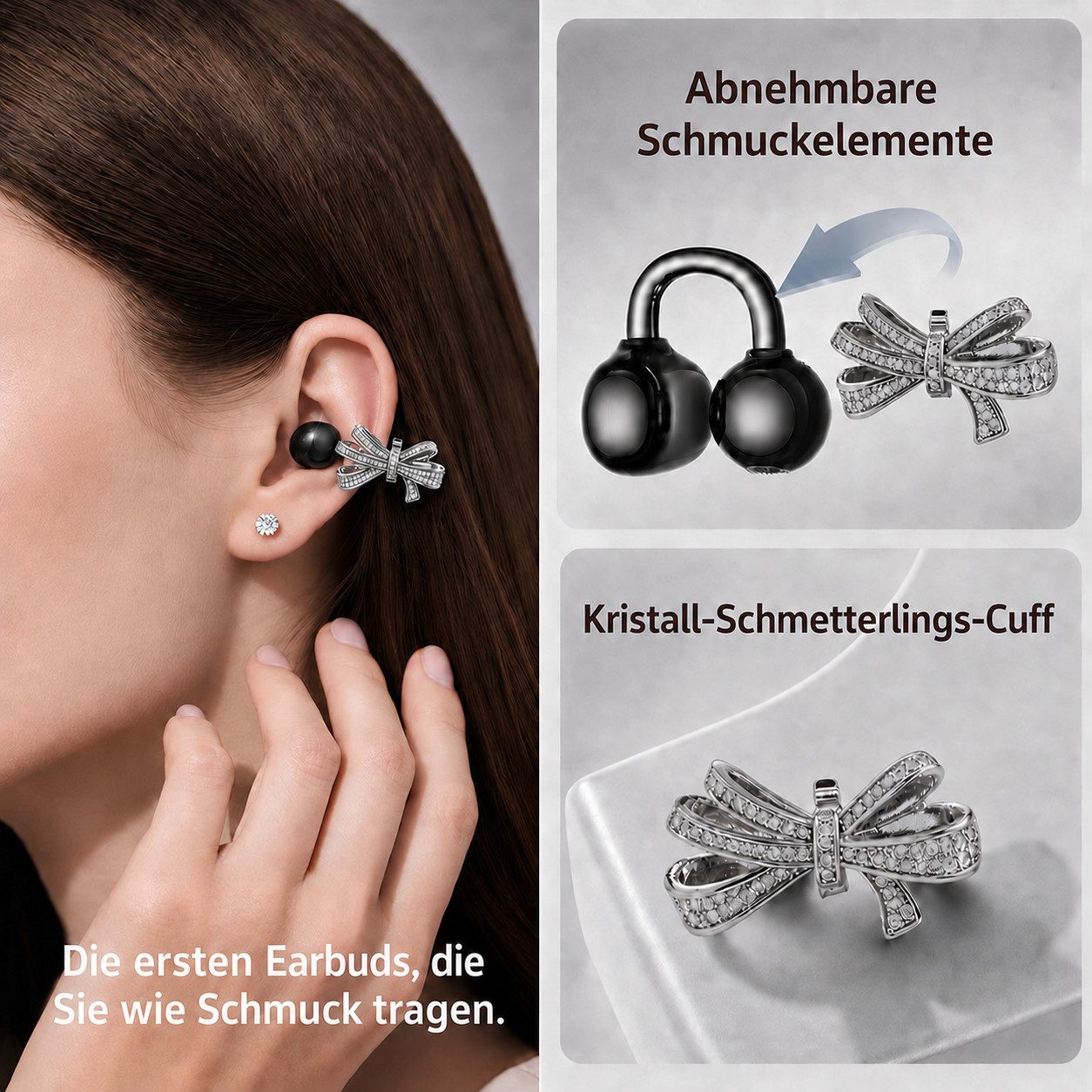 Futicare Bluetooth 6.0 Clip-On-Kopfhörer mit abnehmbarem Deko-Element, Open-Ear-Kopfhörer (kabellose Earbuds mit 60 Std.IPX5, KI-Mikrofon, Geschenkidee für sie)